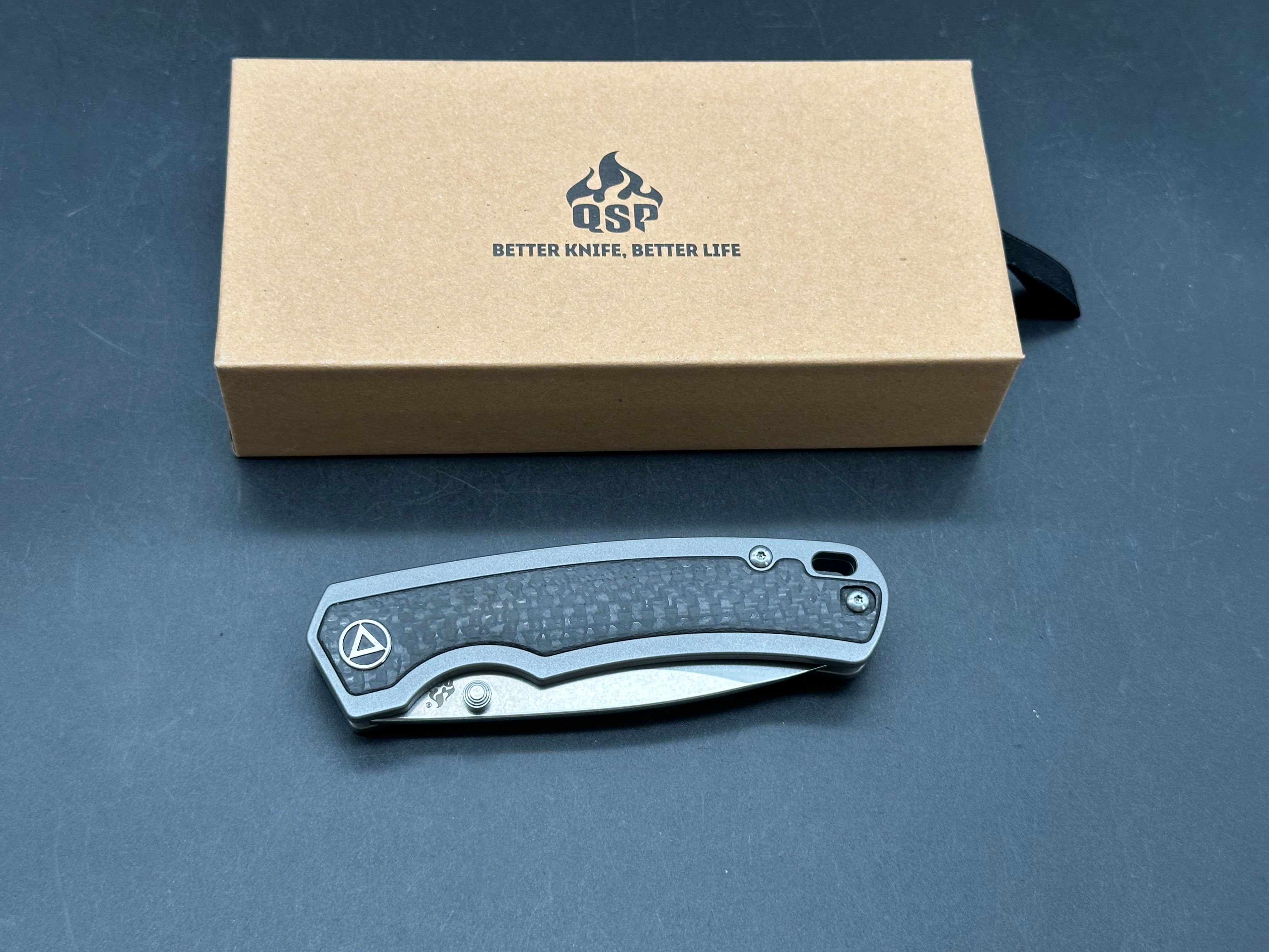 QSP Puffin, Stonewashed S35VN Blade, Blasted Ti Handles w/Carbon Fiber Inlay, Blasted Ti Pocket Clip and Backspacer