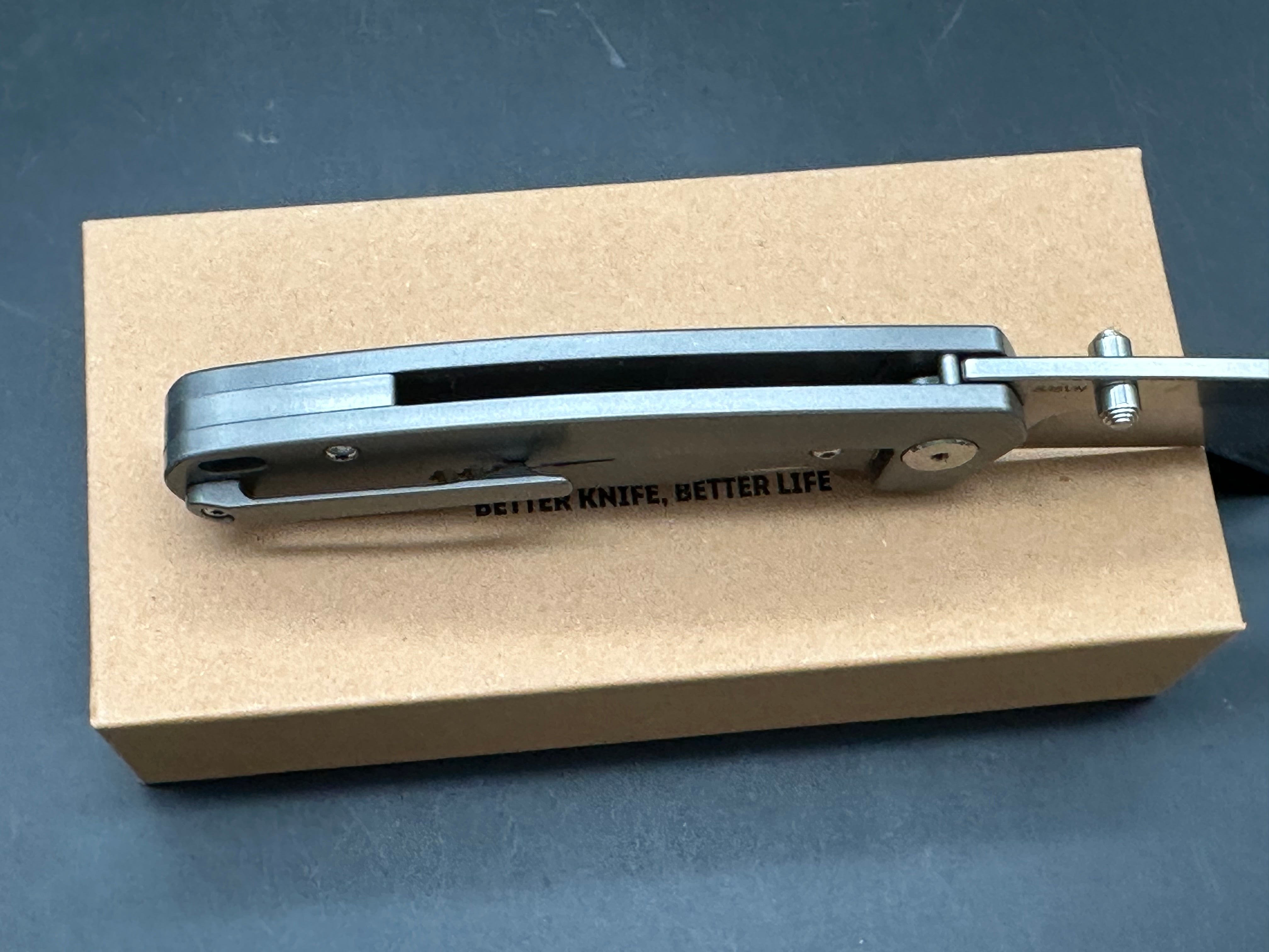 QSP Puffin, Stonewashed S35VN Blade, Blasted Ti Handles w/Carbon Fiber Inlay, Blasted Ti Pocket Clip and Backspacer