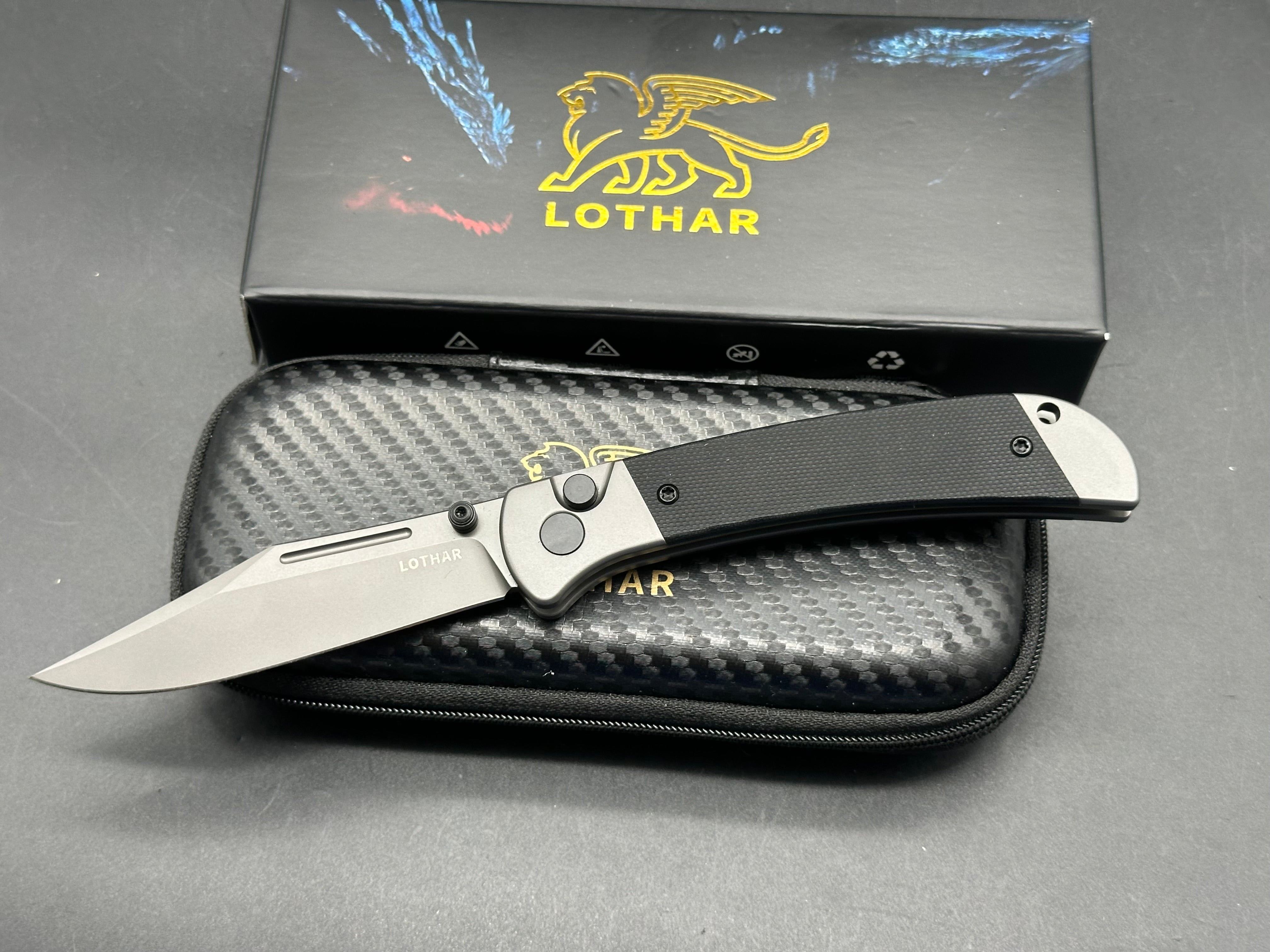 LOTHAR Falcon 14C28N Blade, Button Lock G10 Handle