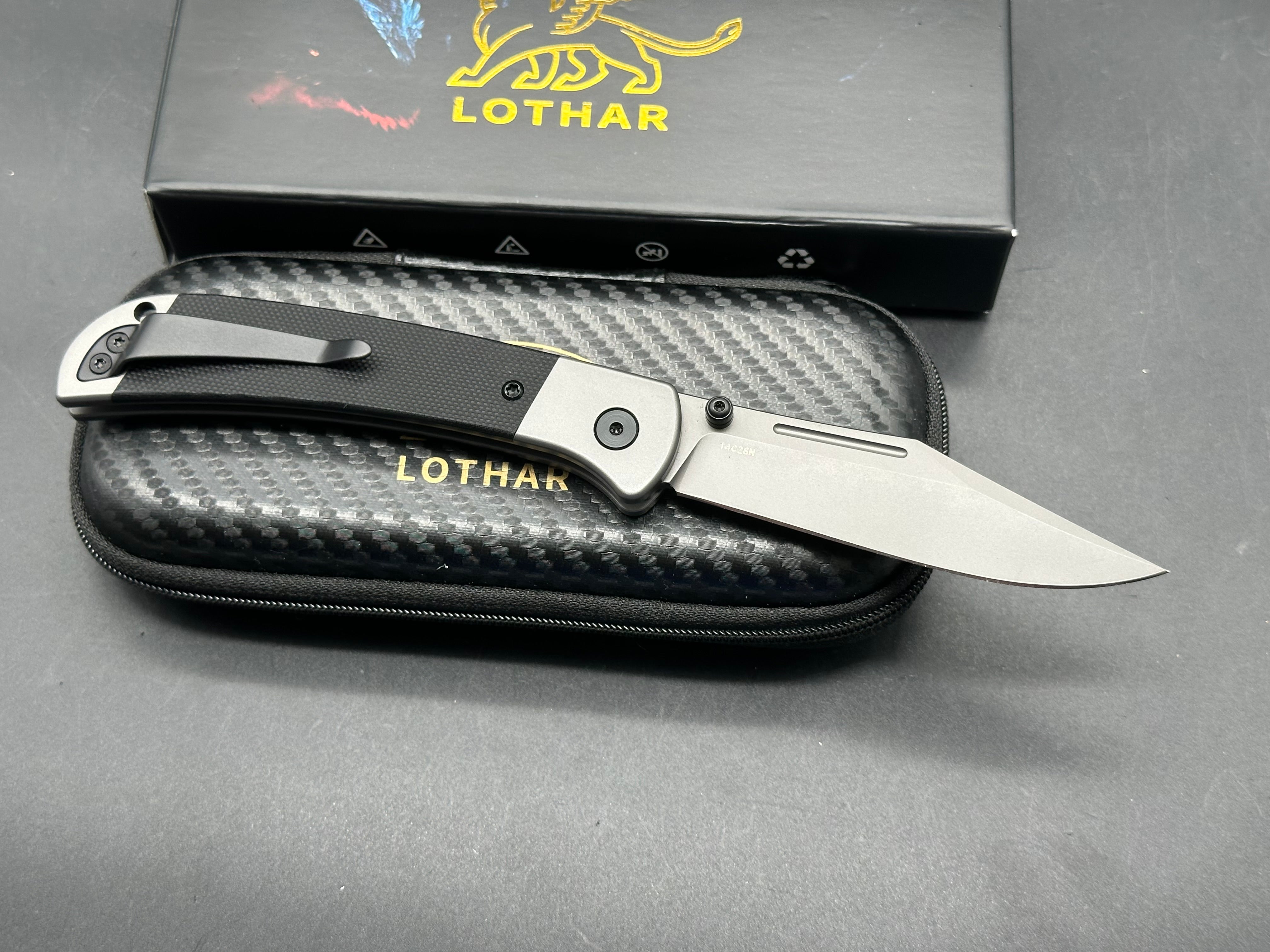 LOTHAR Falcon 14C28N Blade, Button Lock G10 Handle