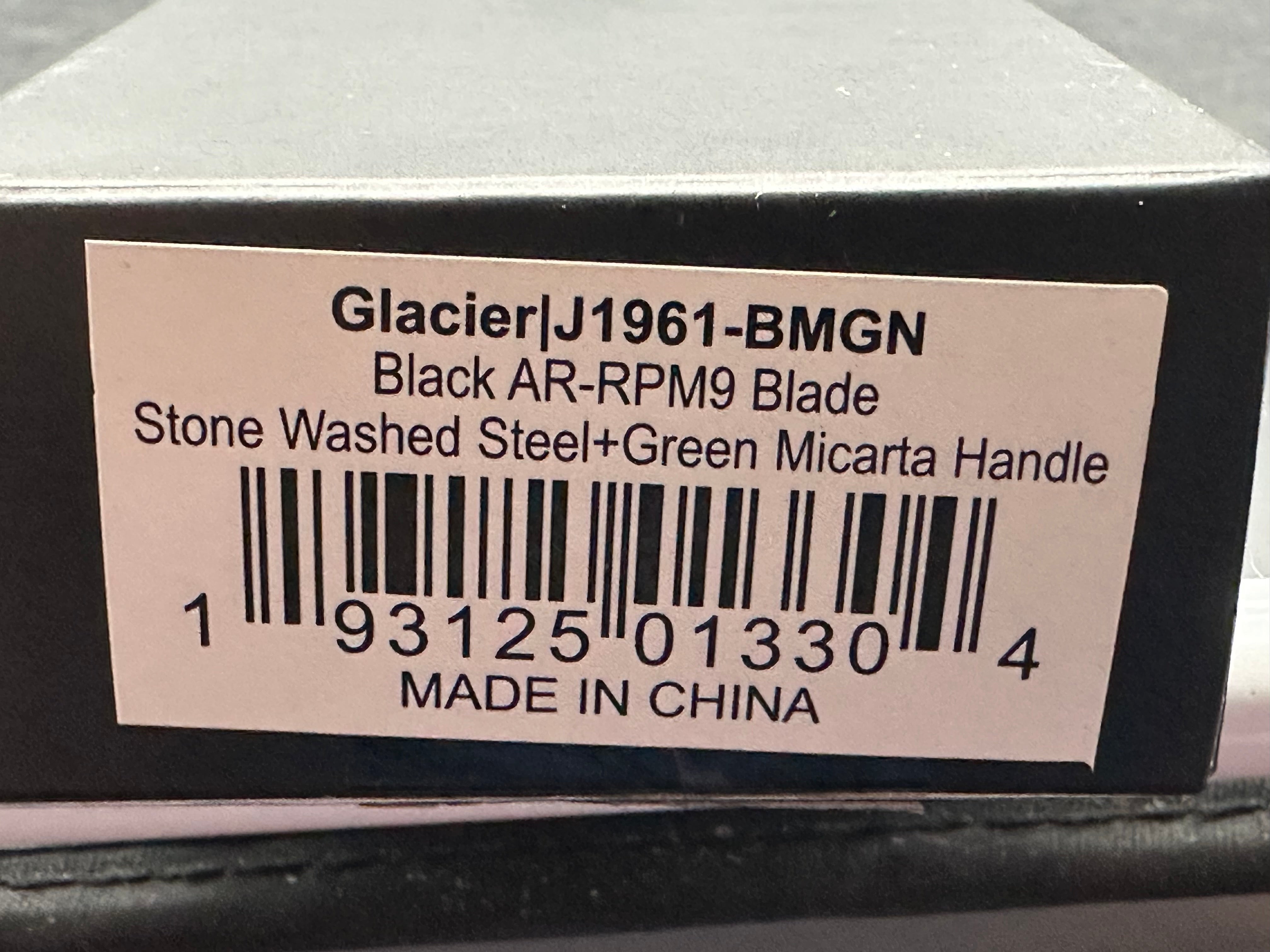 CJRB GLACIER GREEN MICARTA/STEEL HANDLE AR-RPM9 DROP POINT PLAIN EDGE BLACK PVD