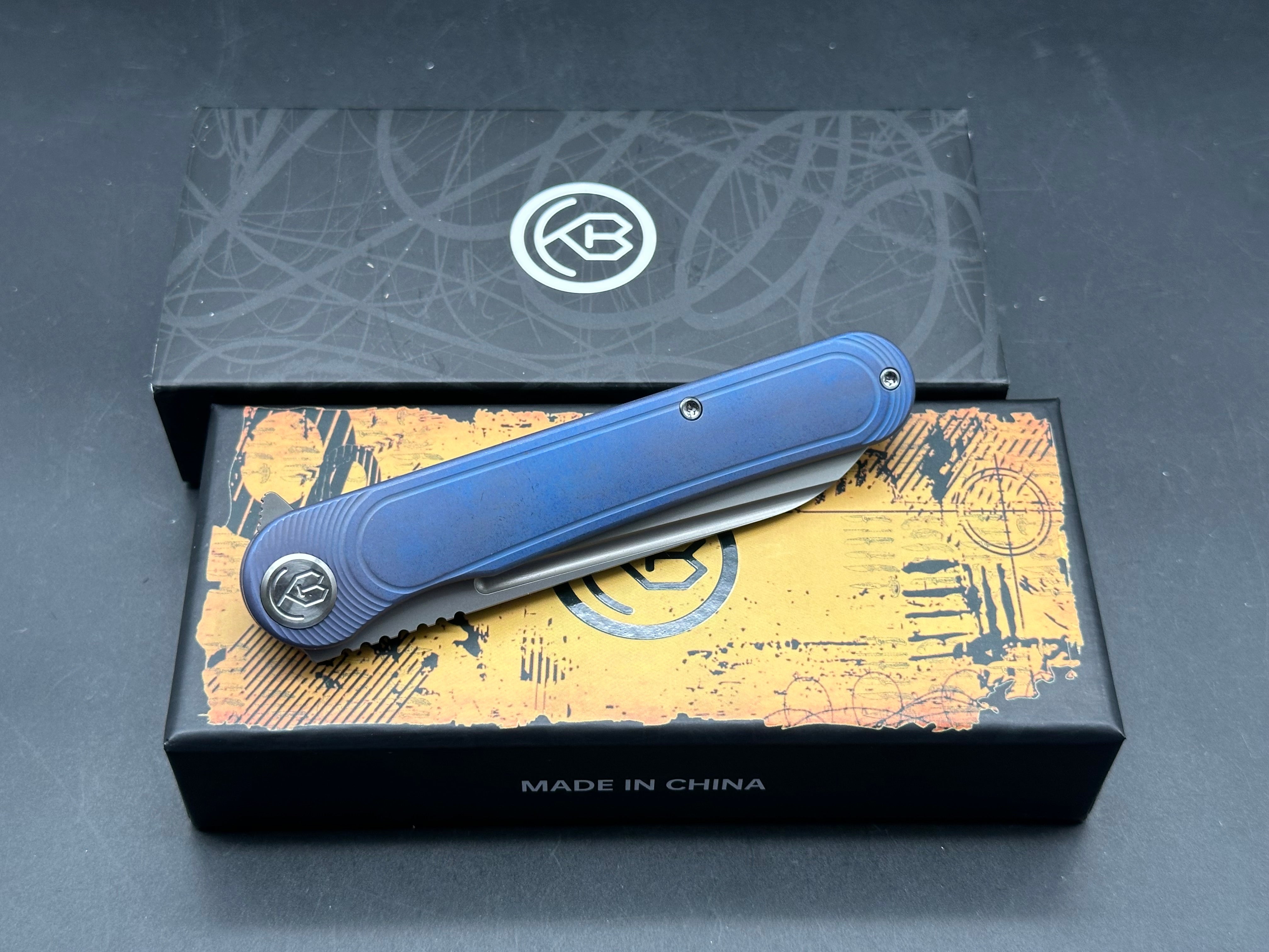 KUBEY KNIVES DANDY BLUE TITANIUM HANDLE S90V SHEEPSFOOT PLAIN EDGE