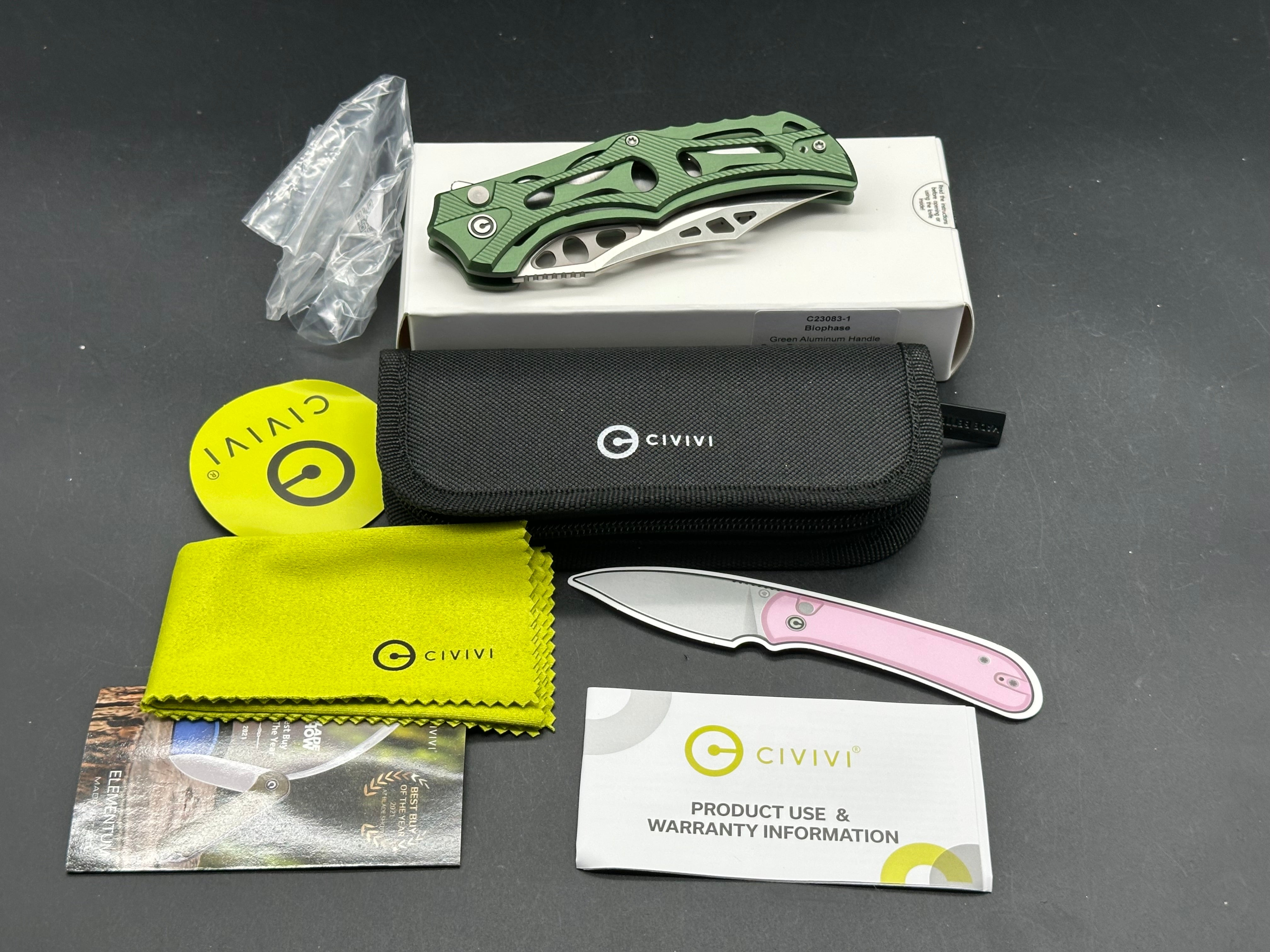 CIVIVI BIOPHASE FOLDING KNIFE GREEN ALUMINUM HANDLE NITRO-V PLAIN EDGE SATIN FINISH