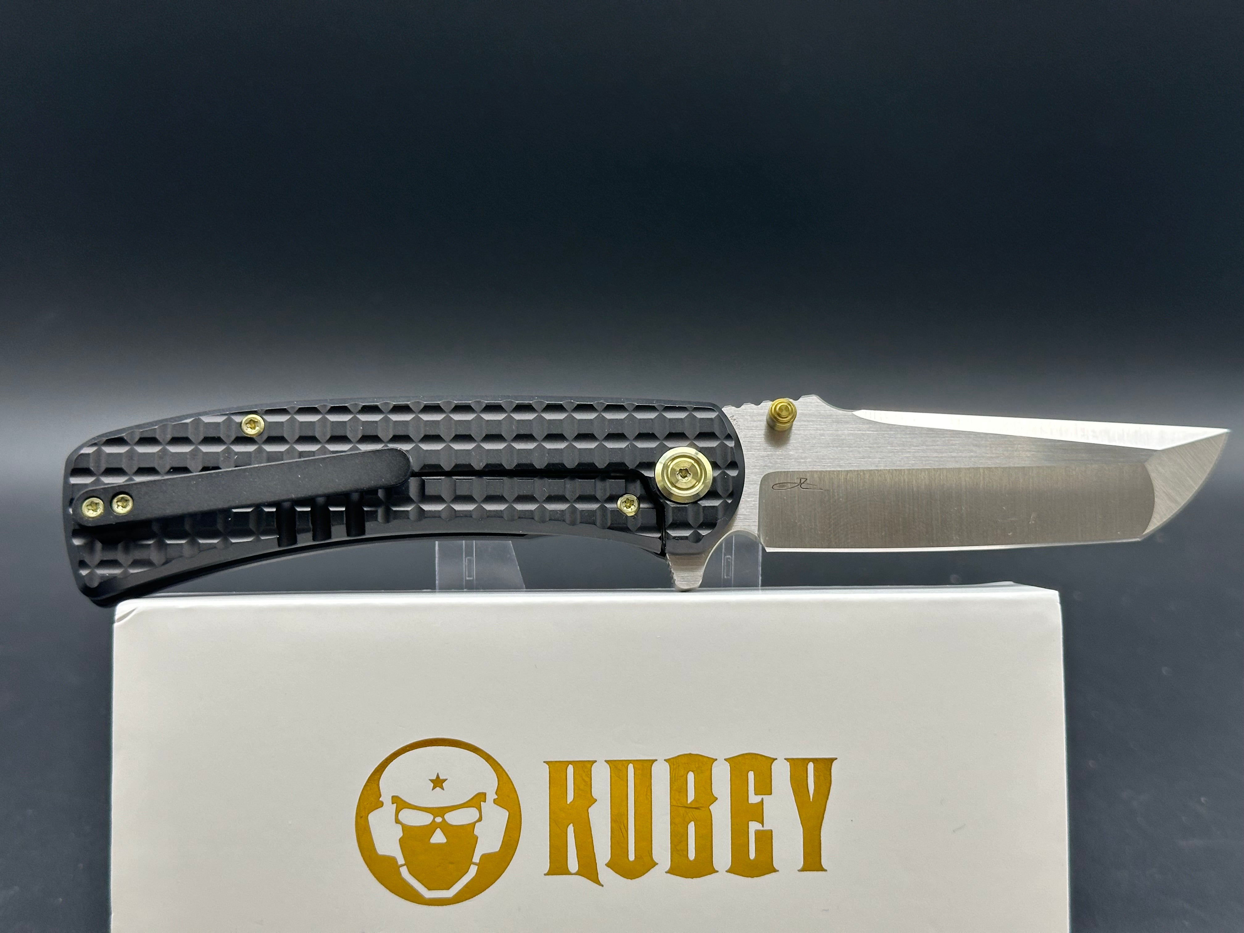 KUBEY INTERFLOW FOLDING KNIFE BLACK TITANIUM HANDLE M390 PLAIN EDGE BELT SATIN