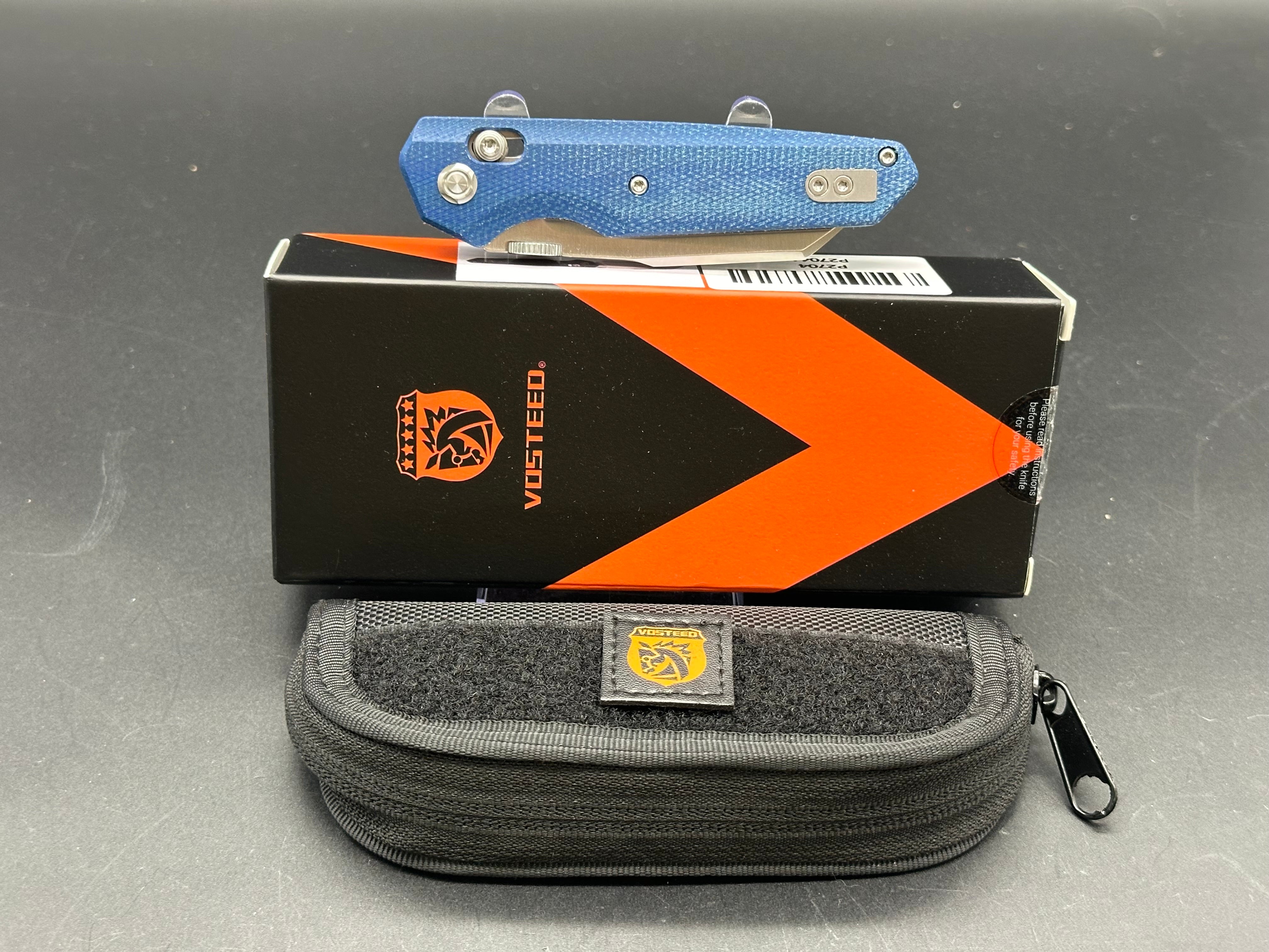 VOSTEED TALARURUS FOLDING KNIFE BLUE MICARTA HANDLE 14C28N MODIFIED SHEEPSFOOT PLAIN EDGE SATIN