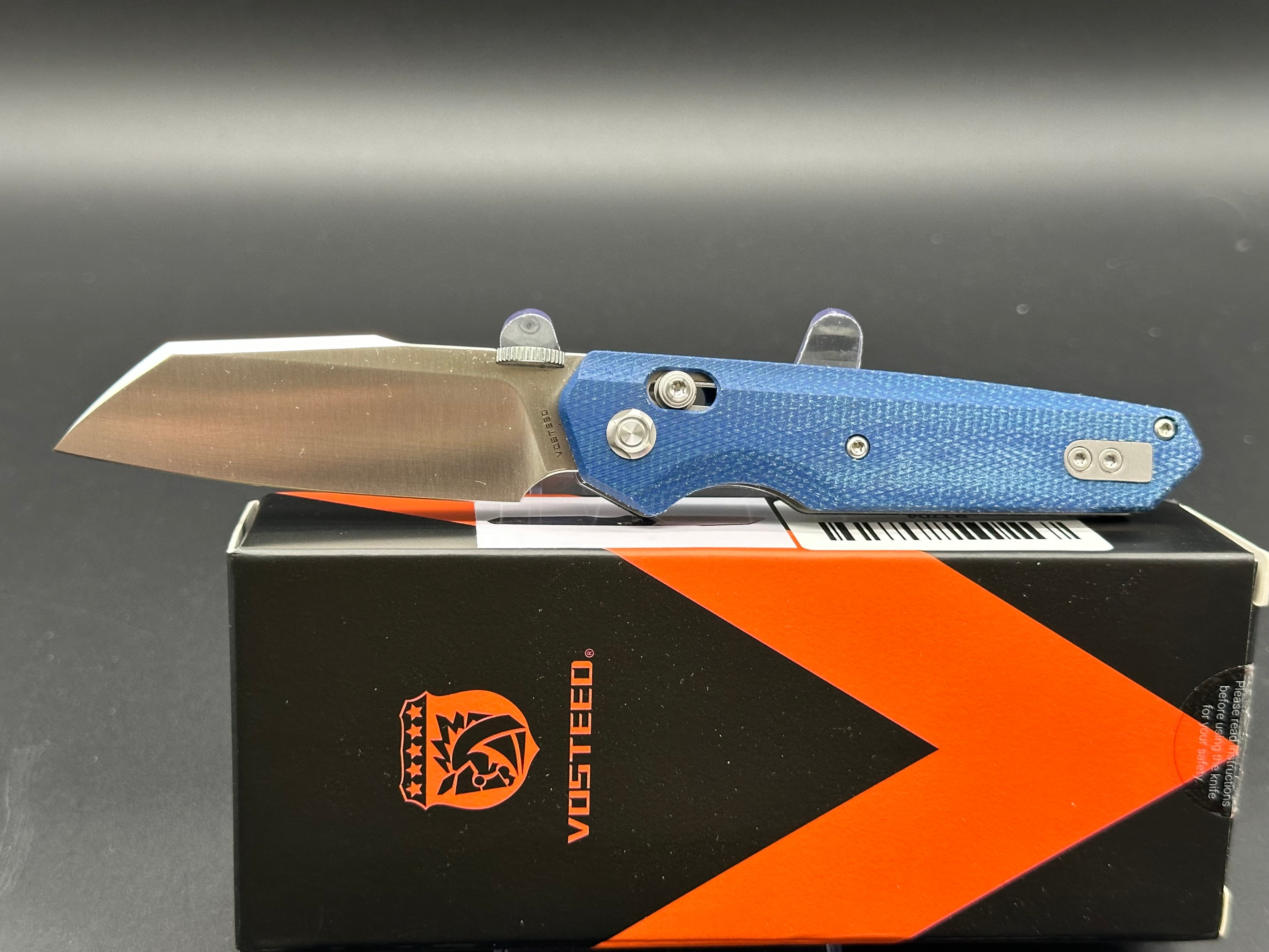 VOSTEED TALARURUS FOLDING KNIFE BLUE MICARTA HANDLE 14C28N MODIFIED SHEEPSFOOT PLAIN EDGE SATIN