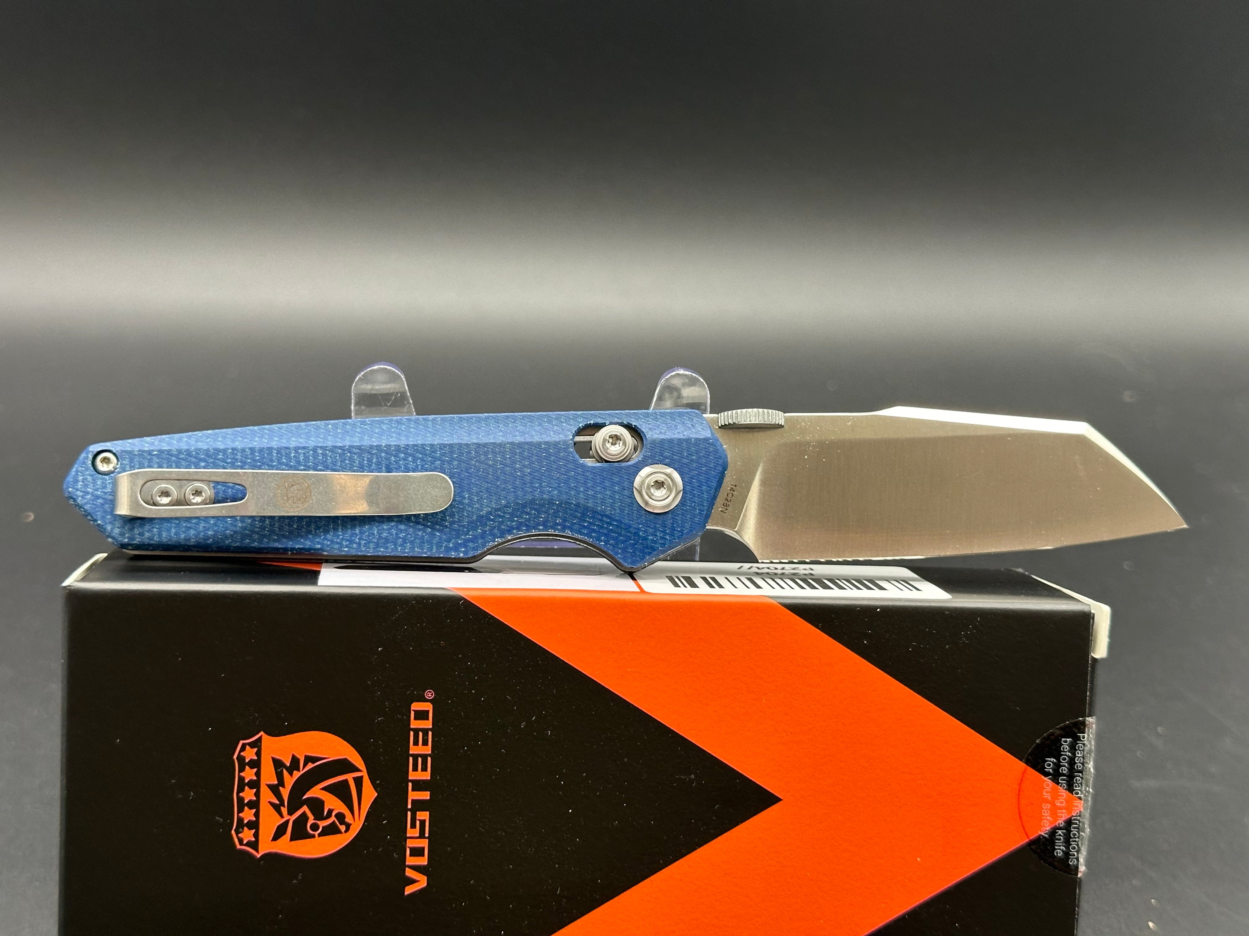 VOSTEED TALARURUS FOLDING KNIFE BLUE MICARTA HANDLE 14C28N MODIFIED SHEEPSFOOT PLAIN EDGE SATIN