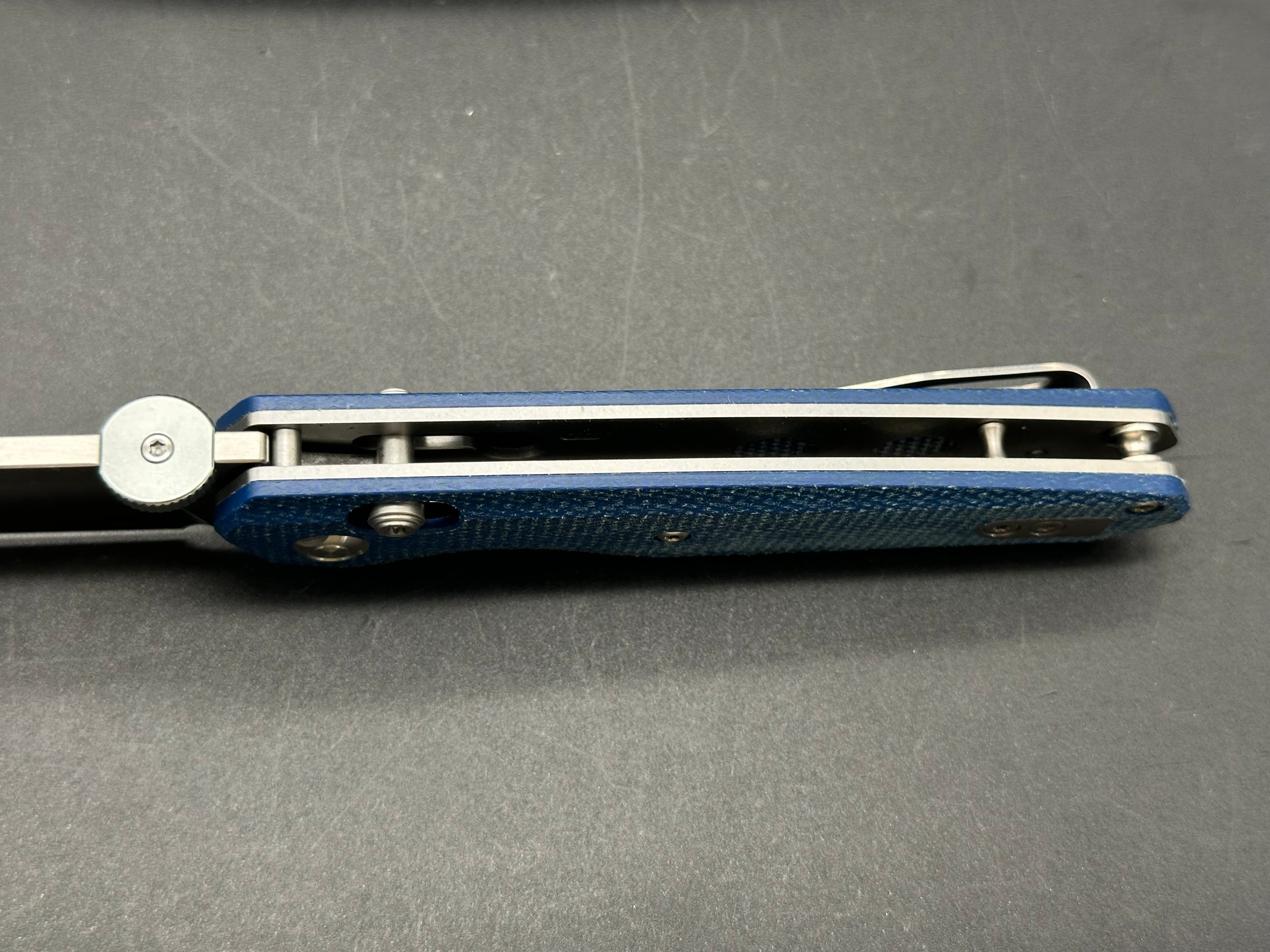 VOSTEED TALARURUS FOLDING KNIFE BLUE MICARTA HANDLE 14C28N MODIFIED SHEEPSFOOT PLAIN EDGE SATIN