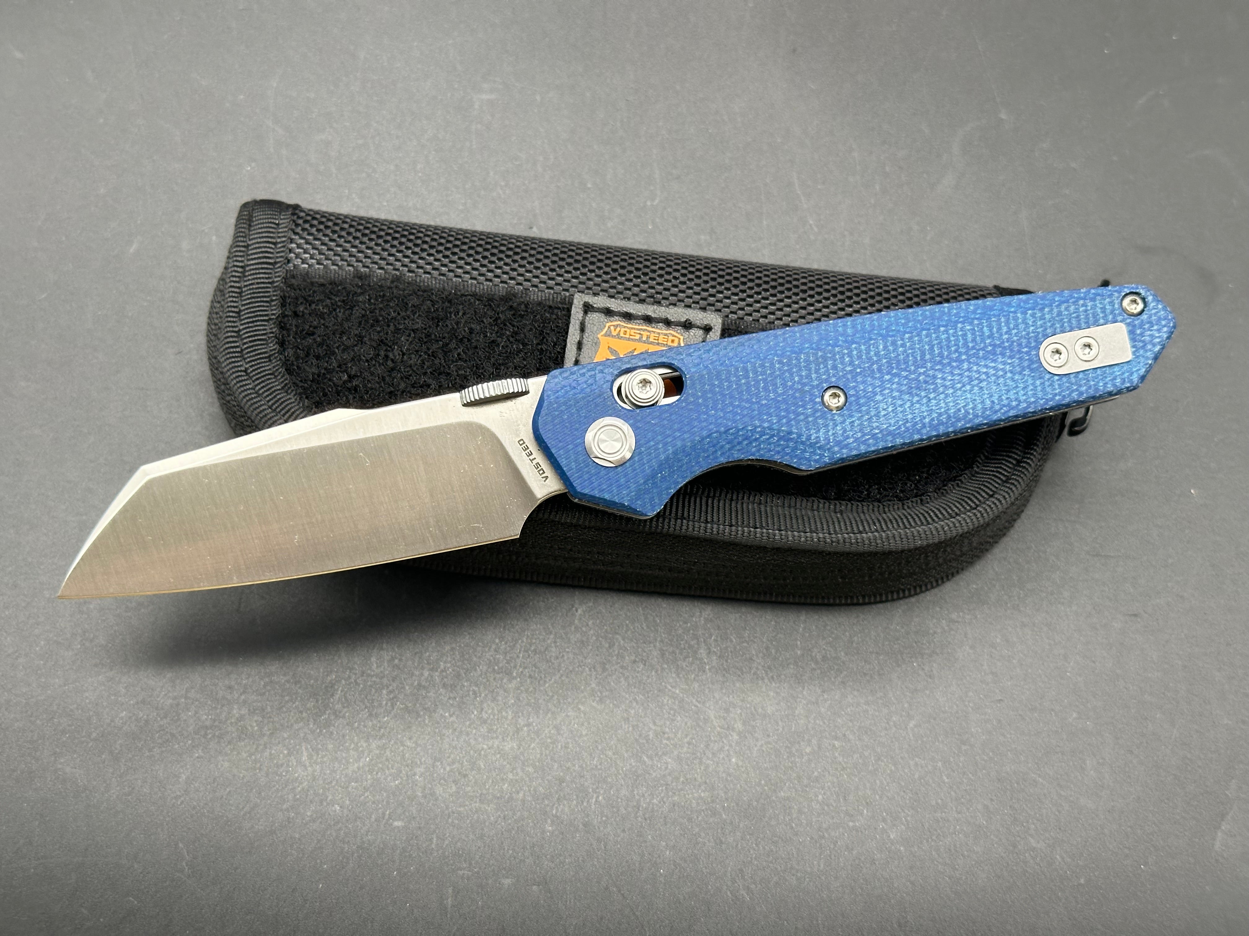 VOSTEED TALARURUS FOLDING KNIFE BLUE MICARTA HANDLE 14C28N MODIFIED SHEEPSFOOT PLAIN EDGE SATIN