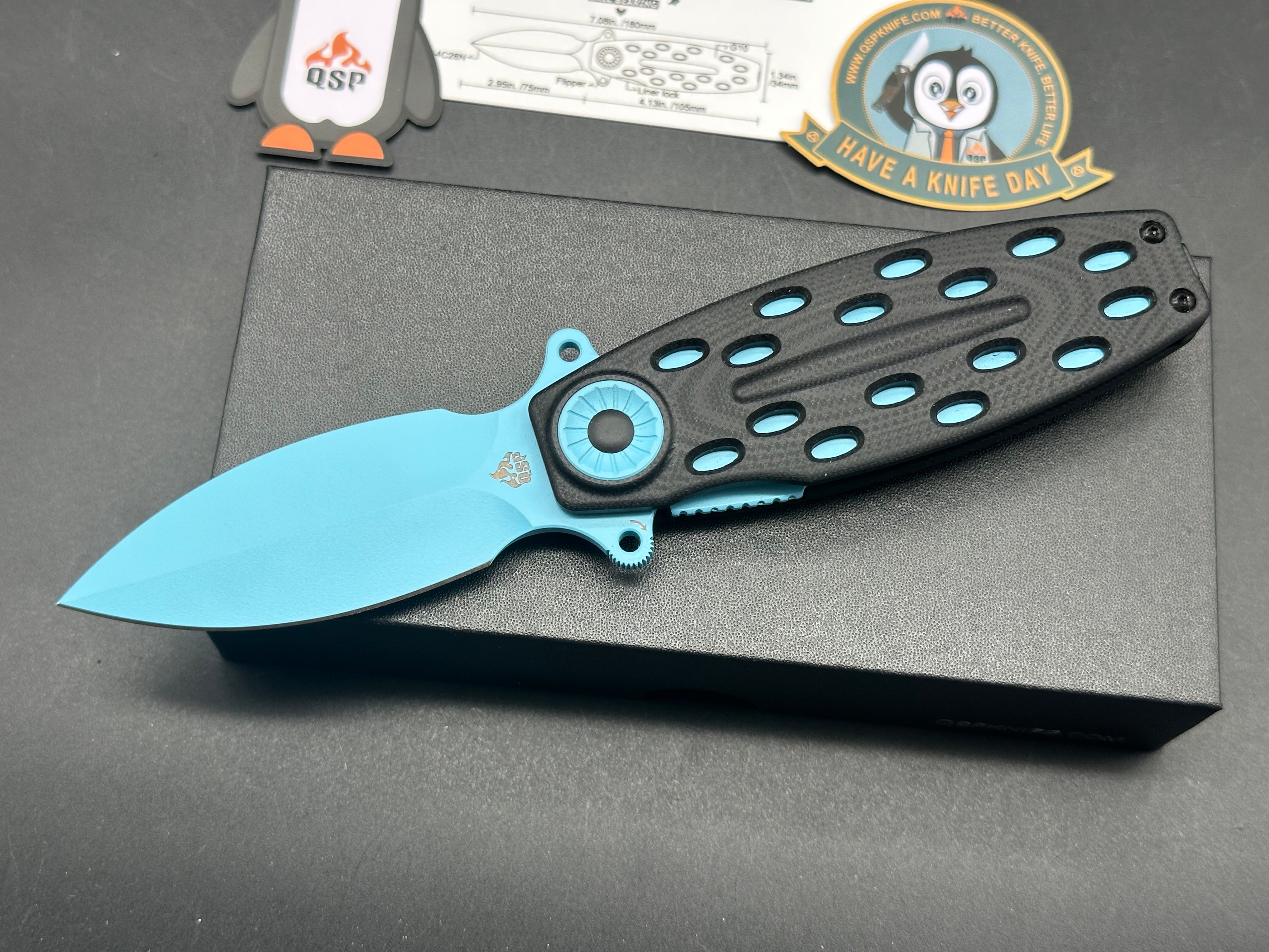 QSP BEETLE BLACK G10/BLUE HANDLE 14C28N PLAIN BLUE BLADE