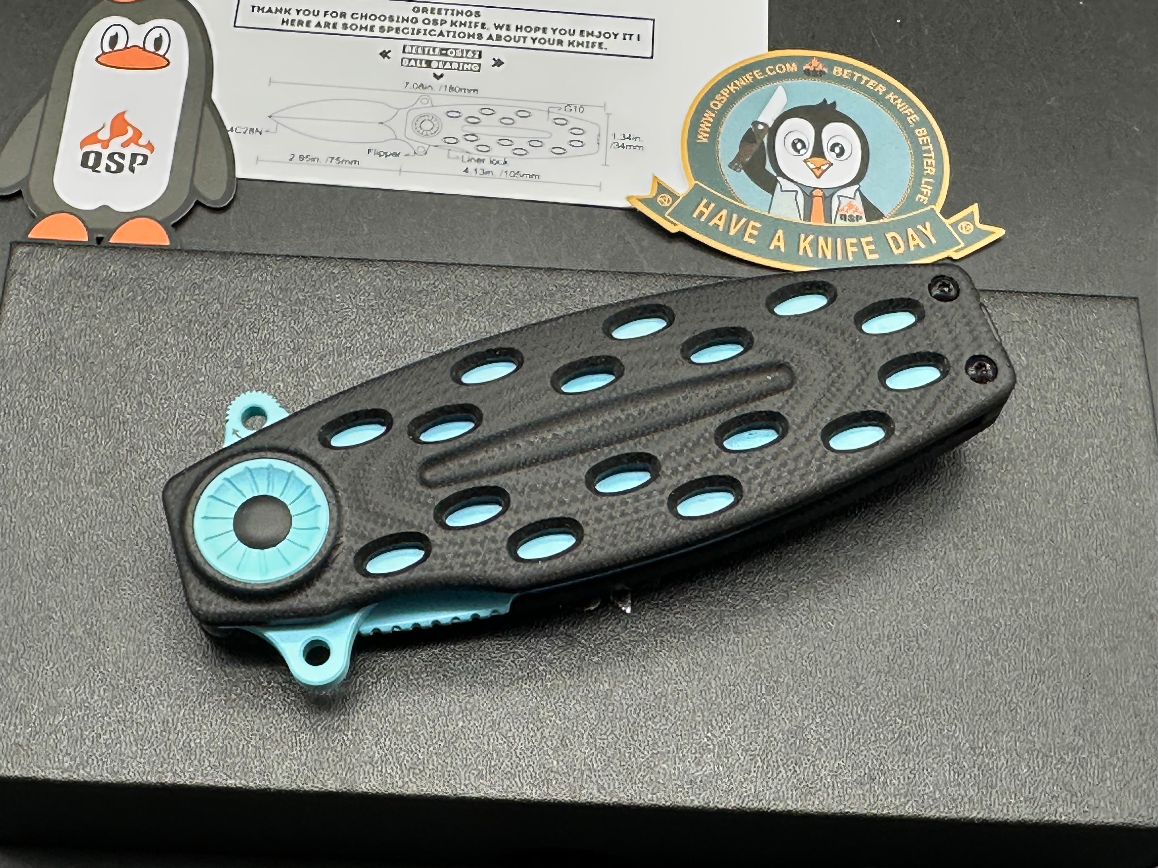 QSP BEETLE BLACK G10/BLUE HANDLE 14C28N PLAIN BLUE BLADE