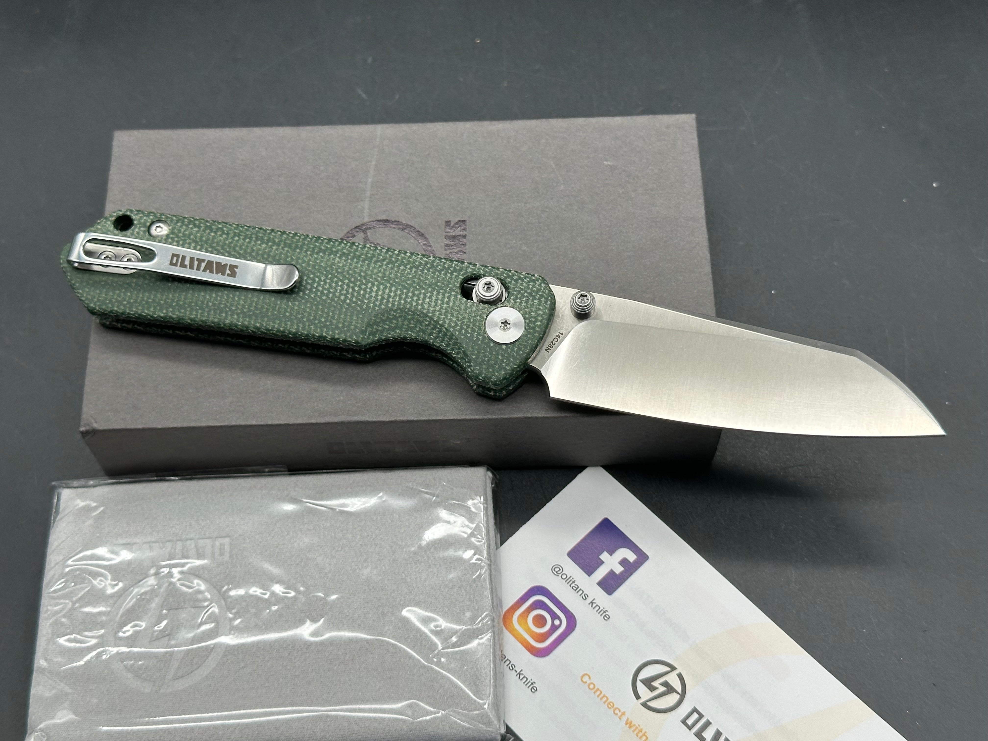 Olitans King Penguin Folding Knife Green Micarta 14C28N Crossbar Lock-Thumb Stud