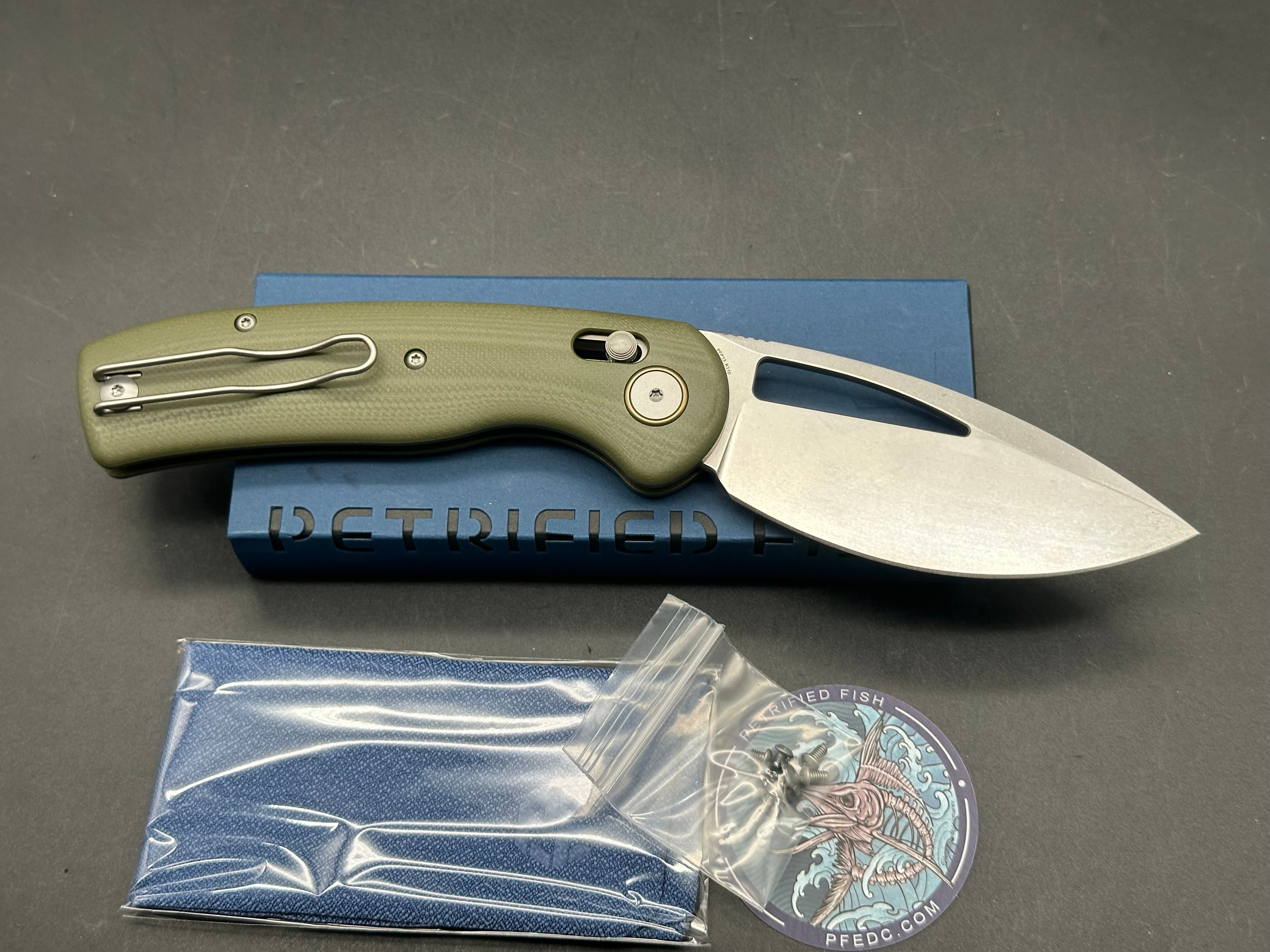 PETRIFIED FISH P13GRW VIPER K110 STEEL BLADE GREEN G10 HANDLE CROSSBAR LOCK