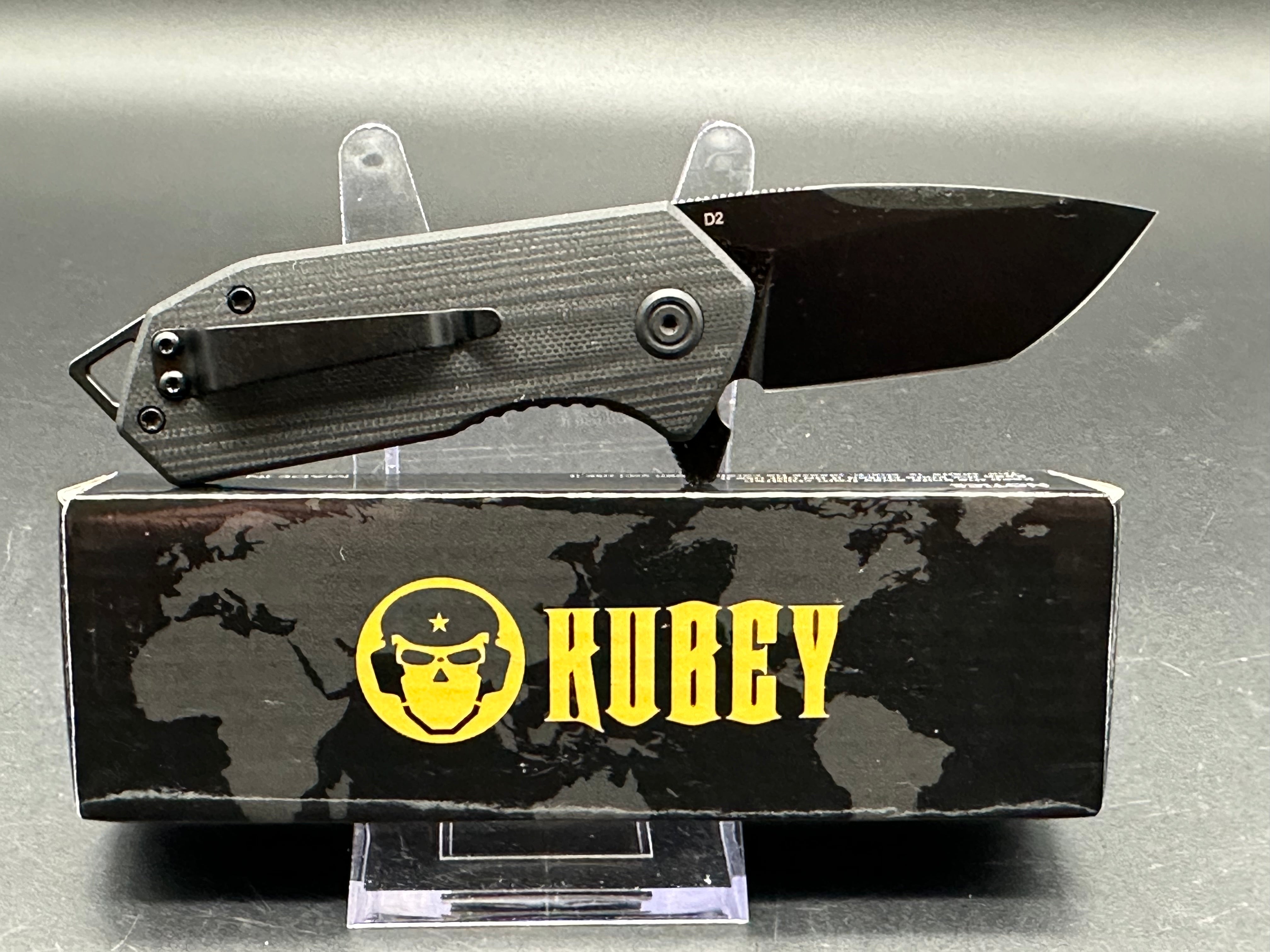 KUBEY CAMPE FLIPPER FOLDING KNIFE BLACK G10 HANDLE D2 PLAIN EDGE