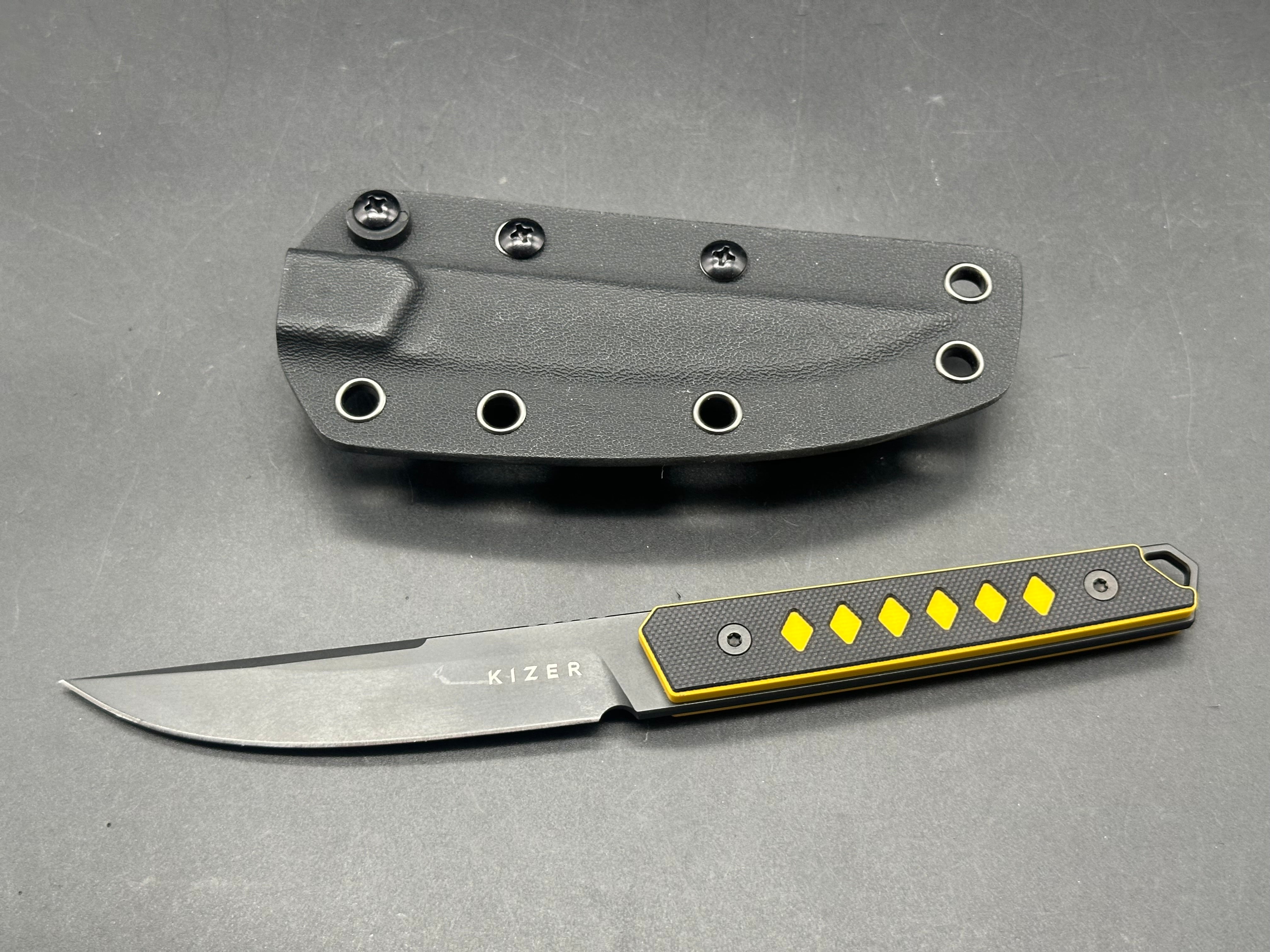 KIZER KWAIKEN FOLDING KNIFE BLACK/YELLOW G10 HANDLE NITRO-V PLAIN BLACK BLADE