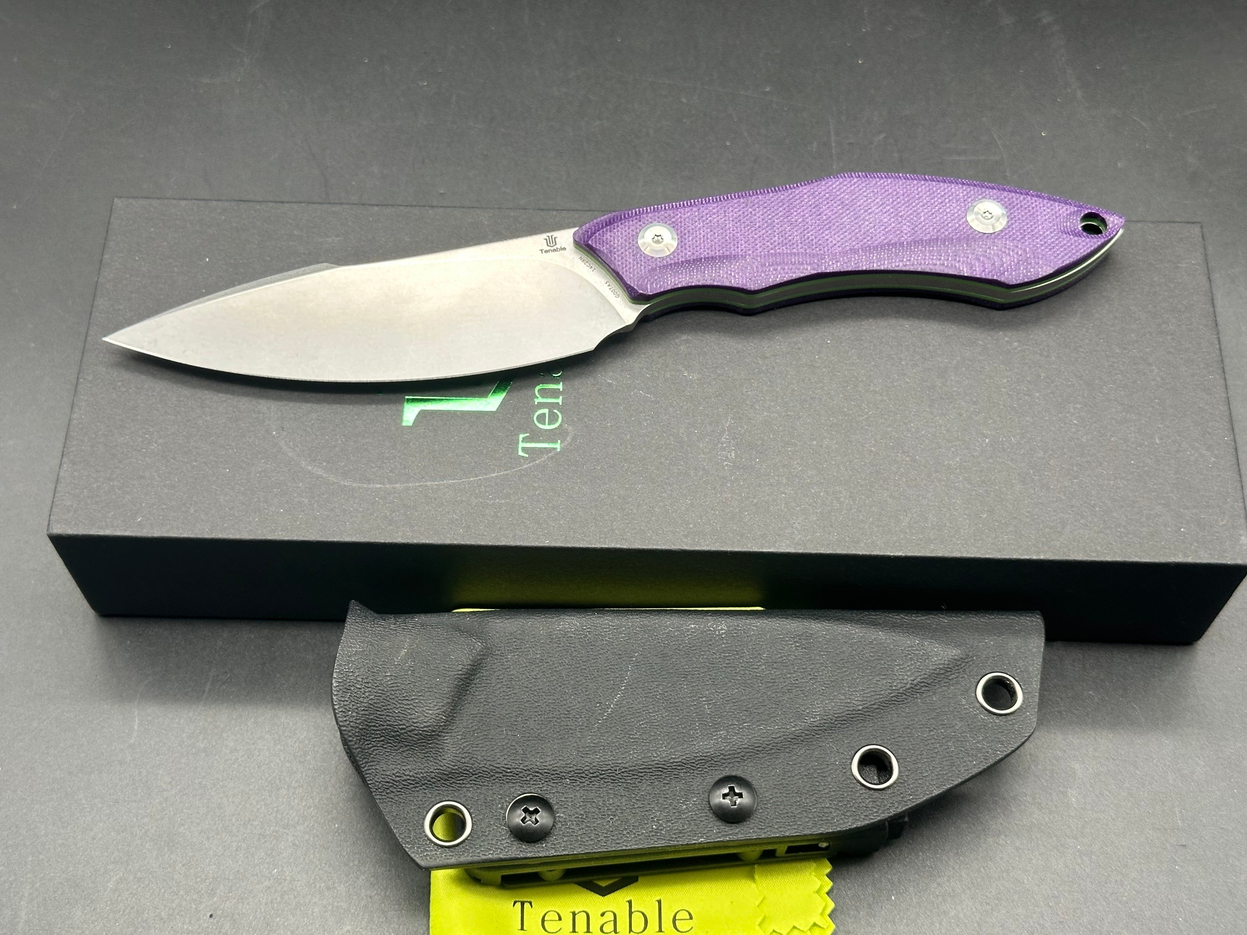 TENABLE LUCCIO FIXED BLADE KNIFE PURPLE G10 HANDLE 14C28N PLAIN STONEWASH BLADE