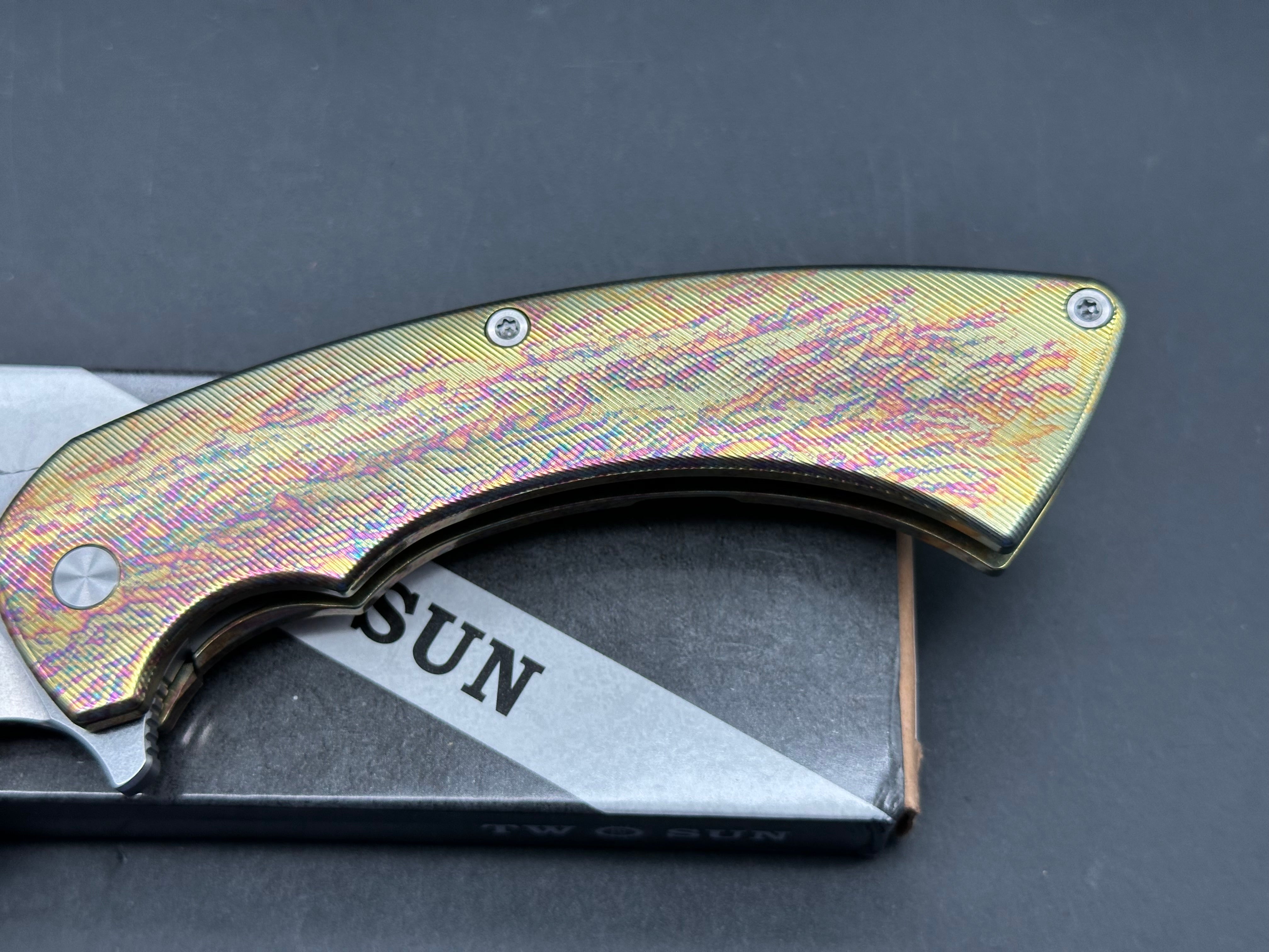 TWOSUN FOLDING KNIFE COLOR TITANIUM HANDLE 14C28N PLAIN EDGE TS459-COLOR
