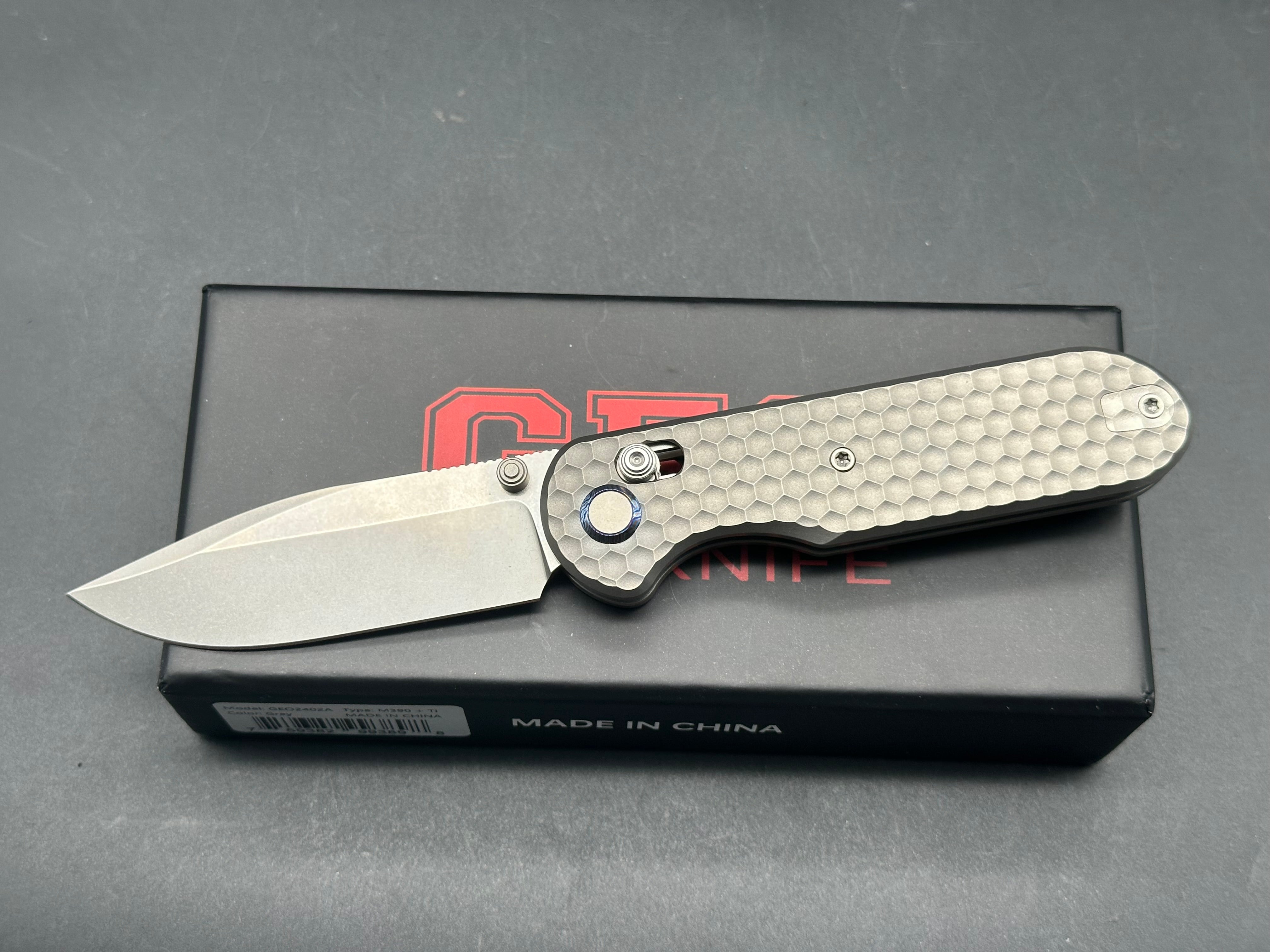 Geo knife Ethereal Cutter Axis lock Folding Knife Gray 6AL4V Titanium Handle 3.03" M390 Blade