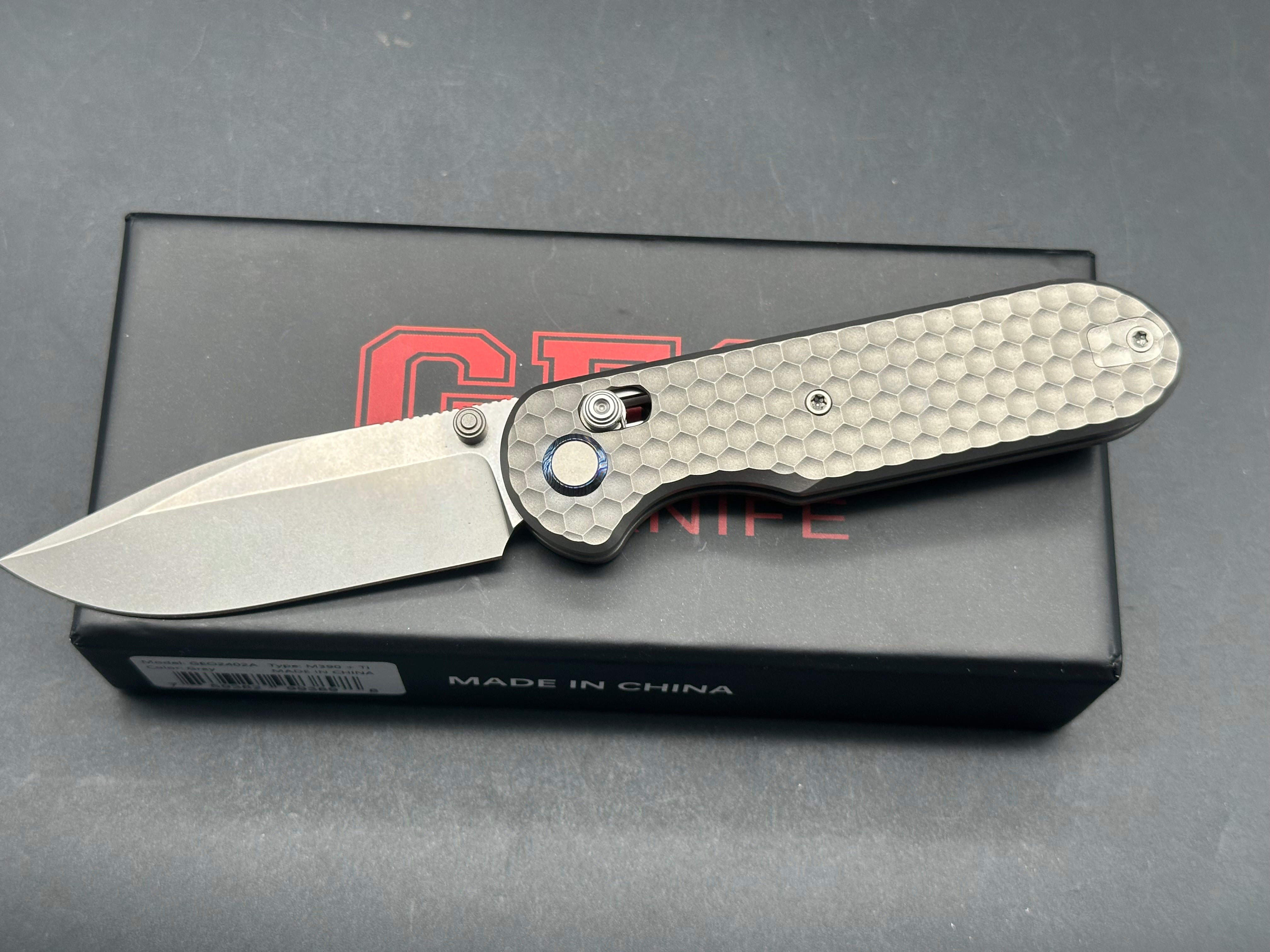 Geo knife Ethereal Cutter Axis lock Folding Knife Gray 6AL4V Titanium Handle 3.03" M390 Blade