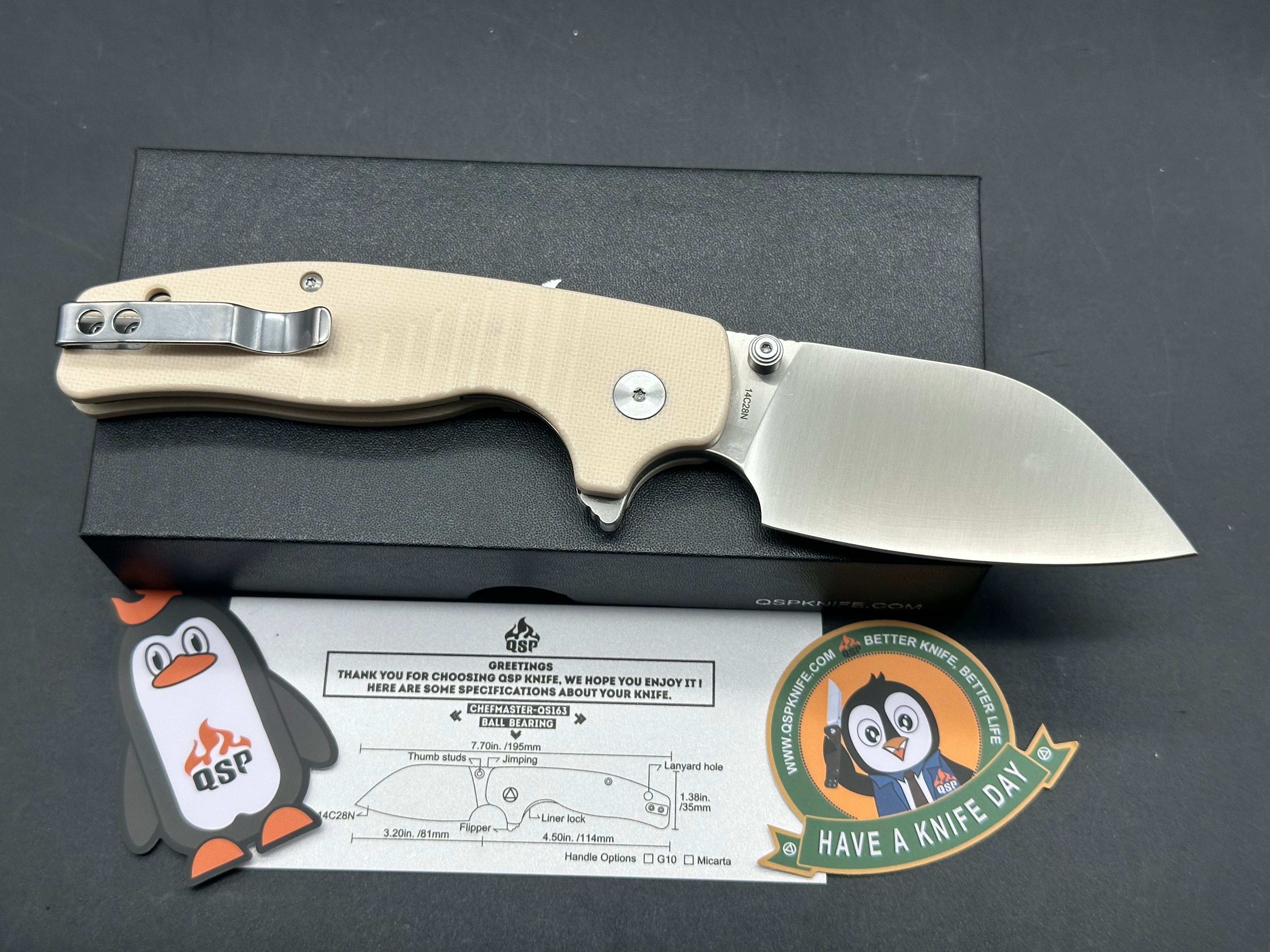 QSP CHEFMASTER OFF WHIITE G10 HANDLE 14C28N WHARNCLIFFE PLAIN EDGE SATIN FINISH