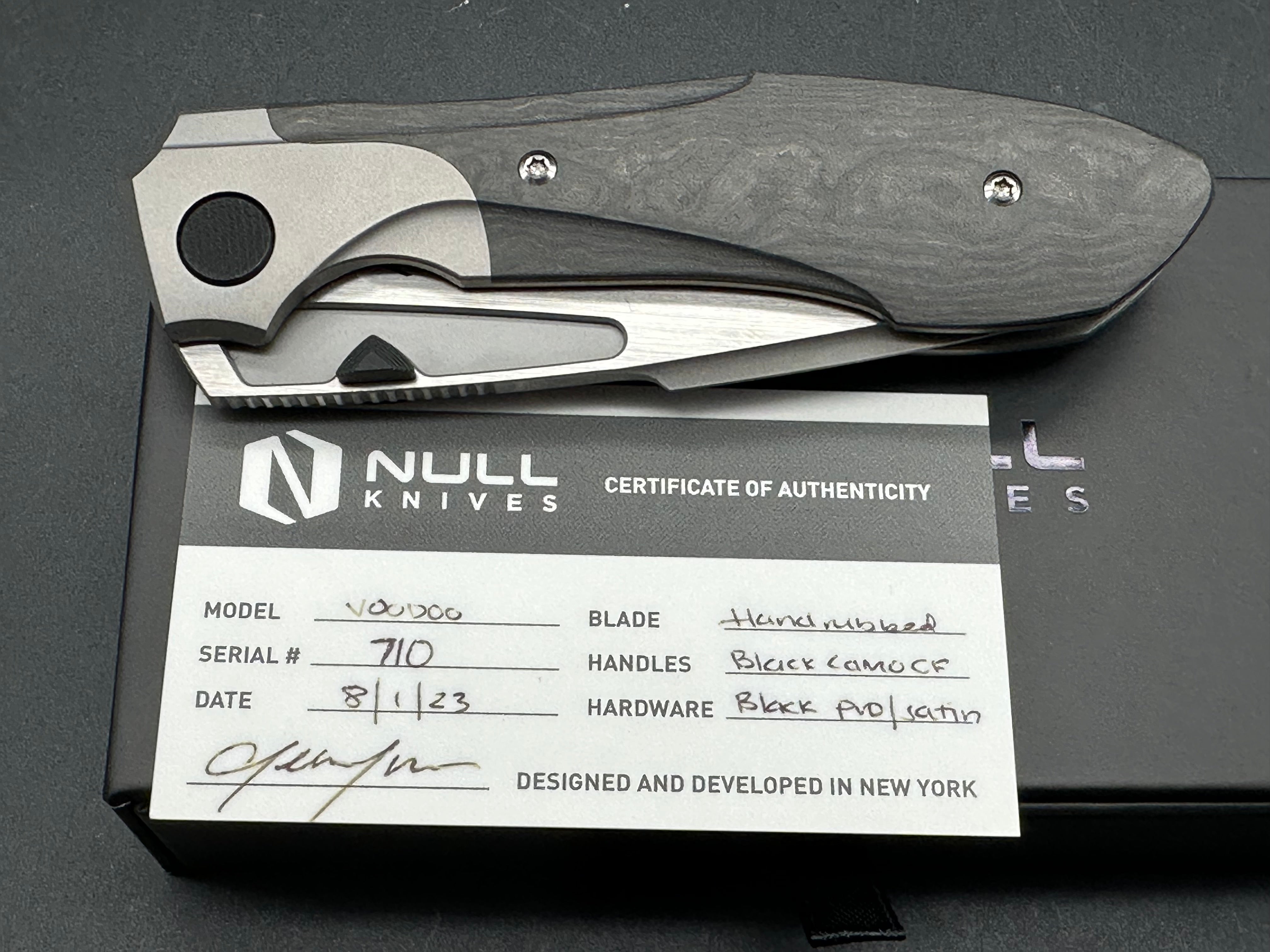 Null Knives - Voodoo/Black Camo Fat Carbon Handle + Grey Ti Bolster Ring/Modified Wharncliffe/Satin Bohler M390