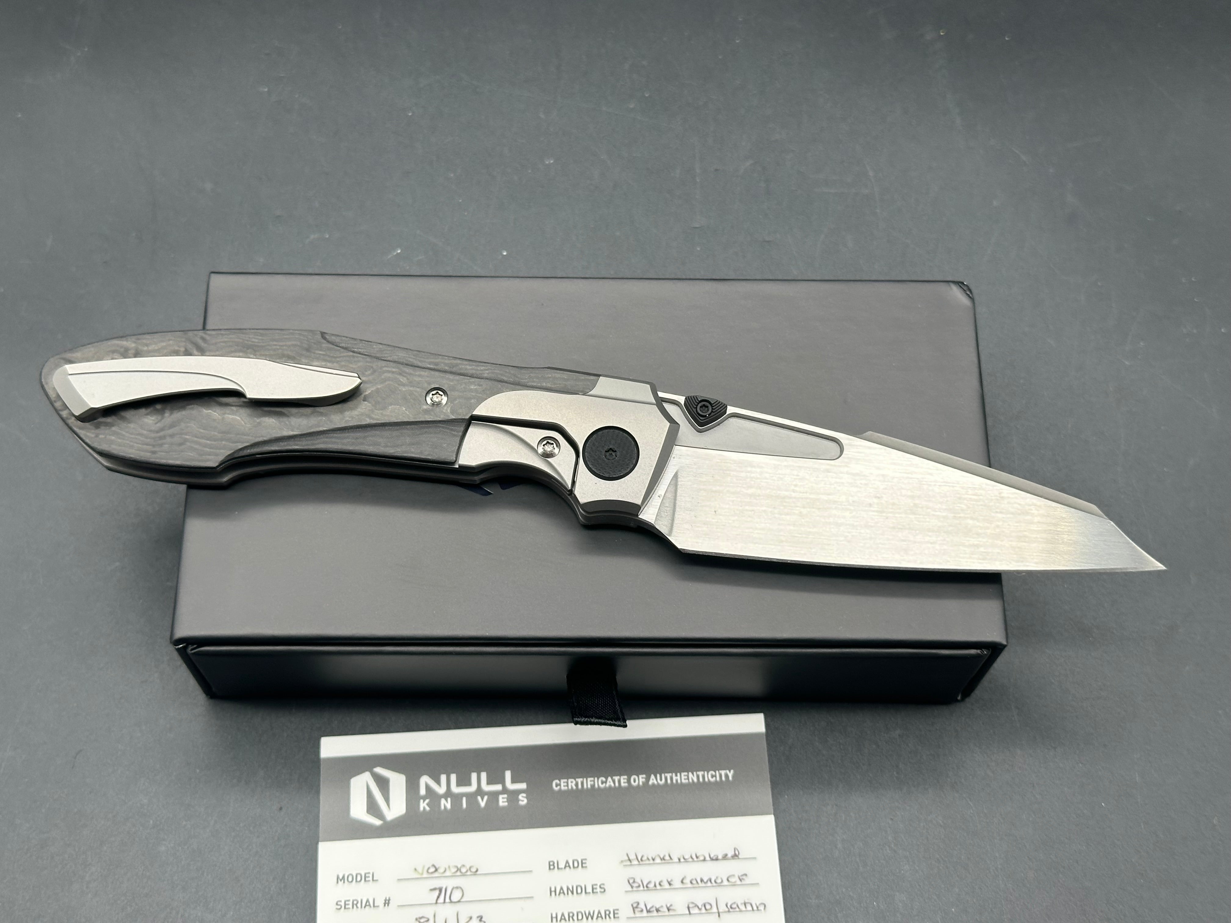 Null Knives - Voodoo/Black Camo Fat Carbon Handle + Grey Ti Bolster Ring/Modified Wharncliffe/Satin Bohler M390