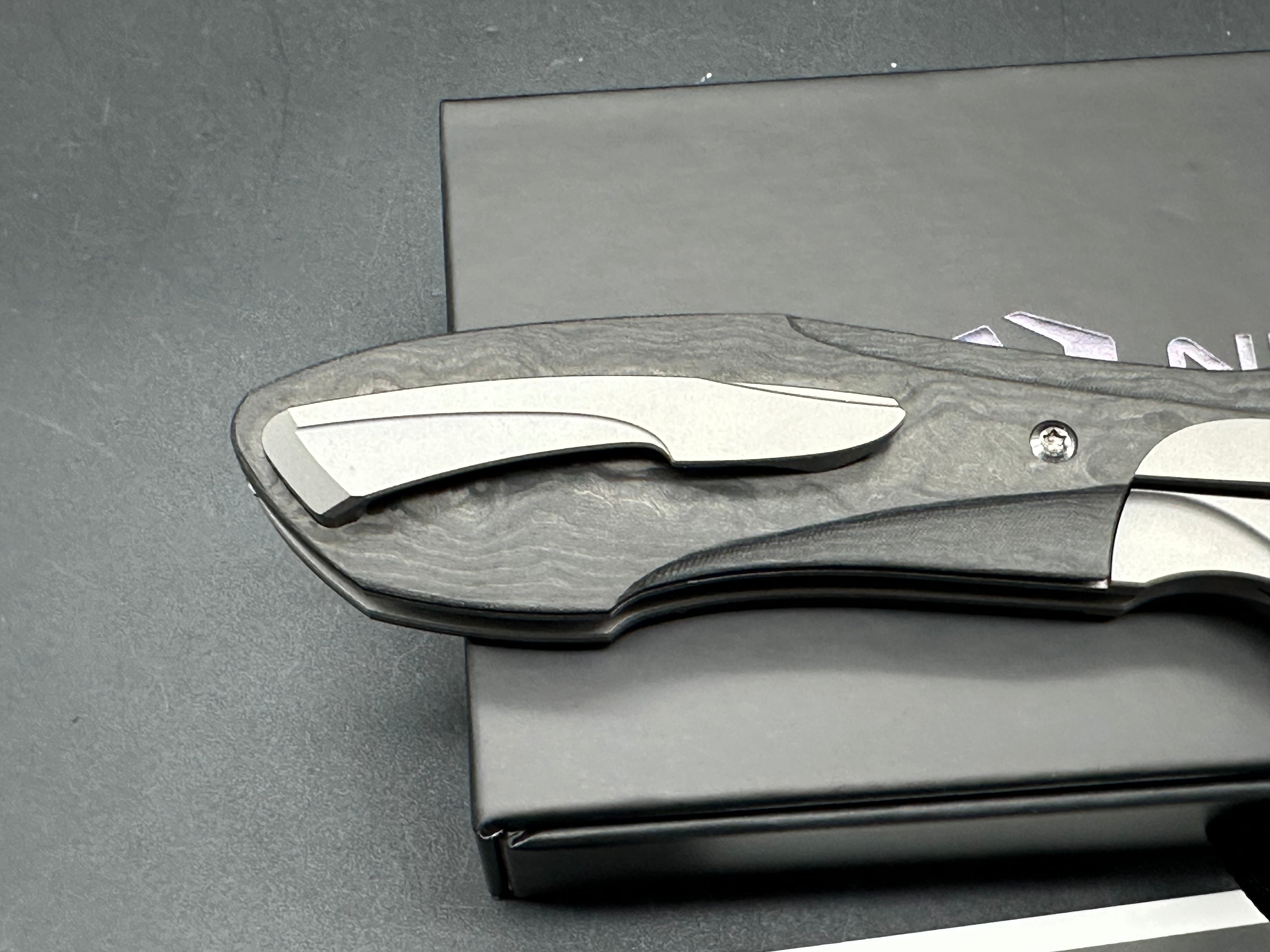 Null Knives - Voodoo/Black Camo Fat Carbon Handle + Grey Ti Bolster Ring/Modified Wharncliffe/Satin Bohler M390