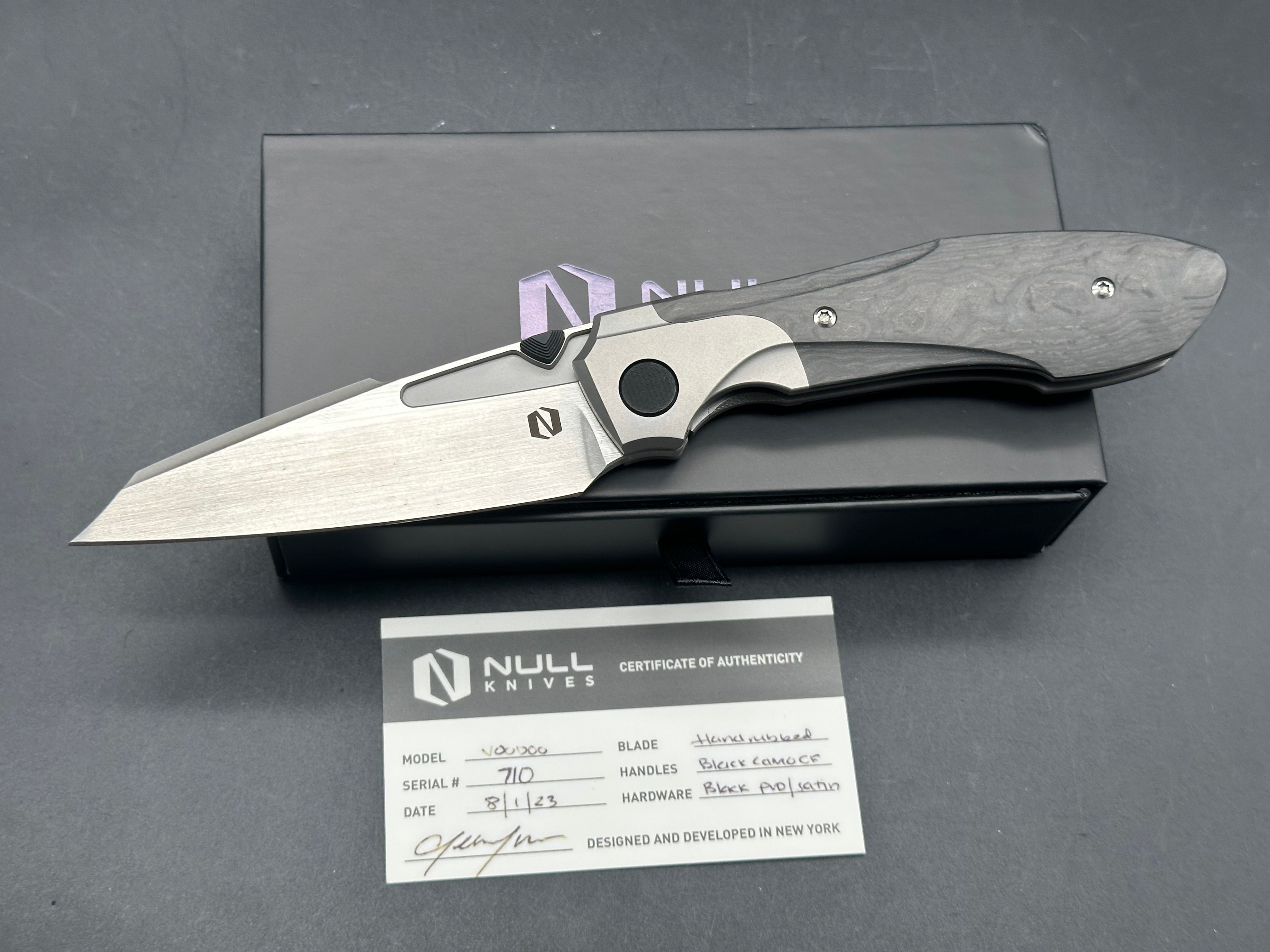 Null Knives - Voodoo/Black Camo Fat Carbon Handle + Grey Ti Bolster Ring/Modified Wharncliffe/Satin Bohler M390