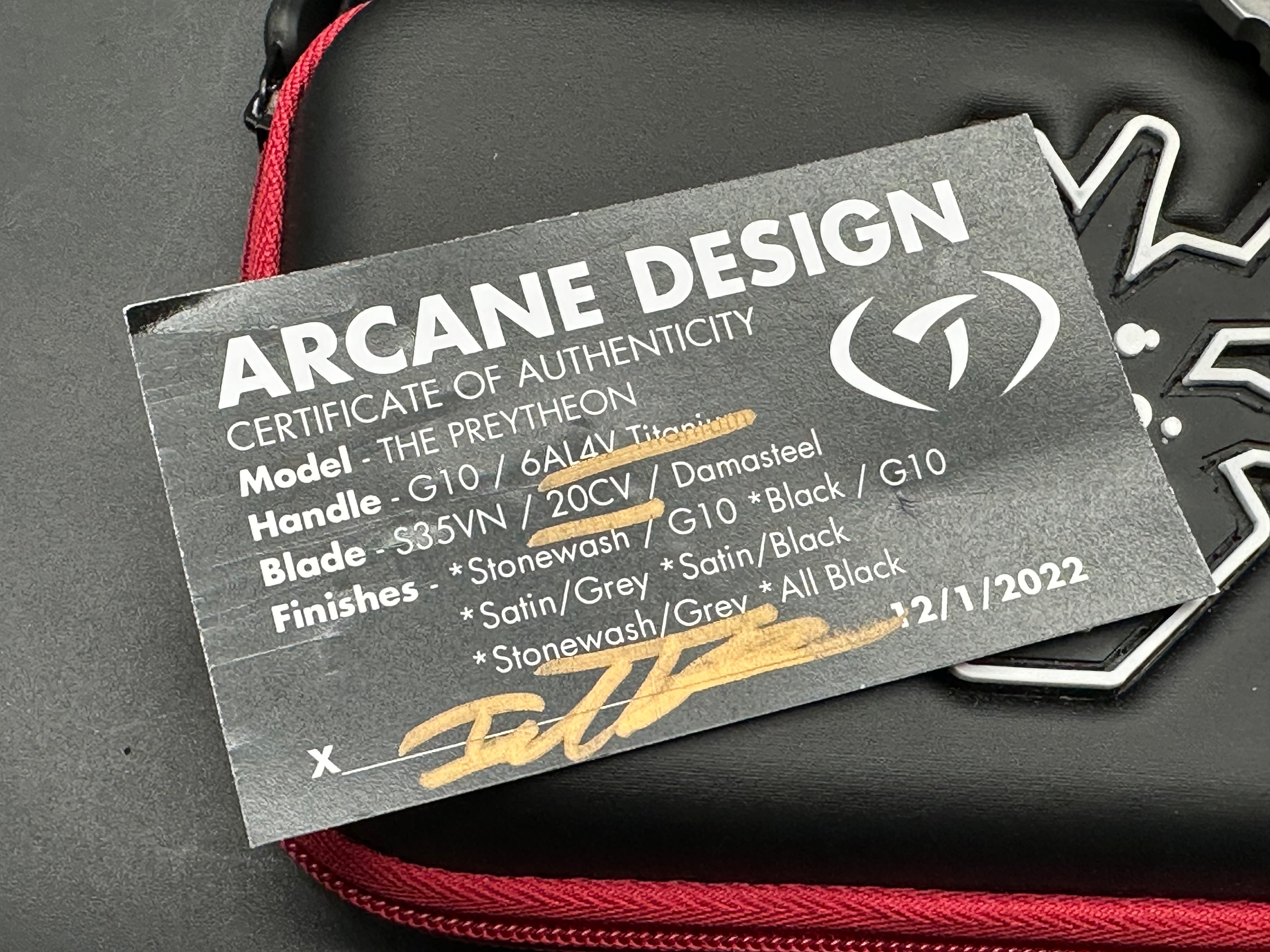Arcane Design - The Preytheon/Custom Purple Ti Frame w/ Glow Carbon Fiber Inlays/Clip Point/Grey Stonewash + Custom Satin Flats 20CV