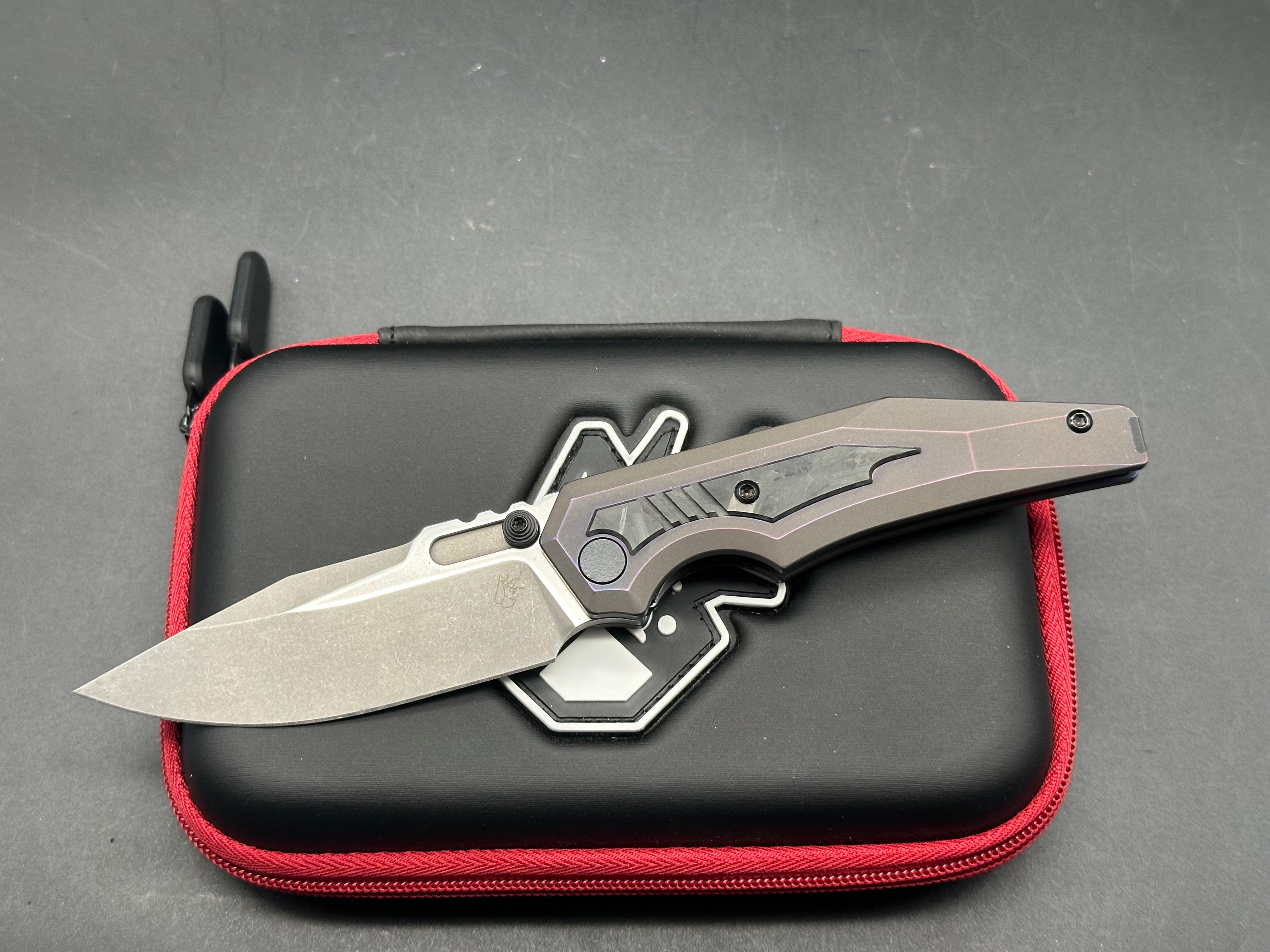 Arcane Design - The Preytheon/Custom Purple Ti Frame w/ Glow Carbon Fiber Inlays/Clip Point/Grey Stonewash + Custom Satin Flats 20CV