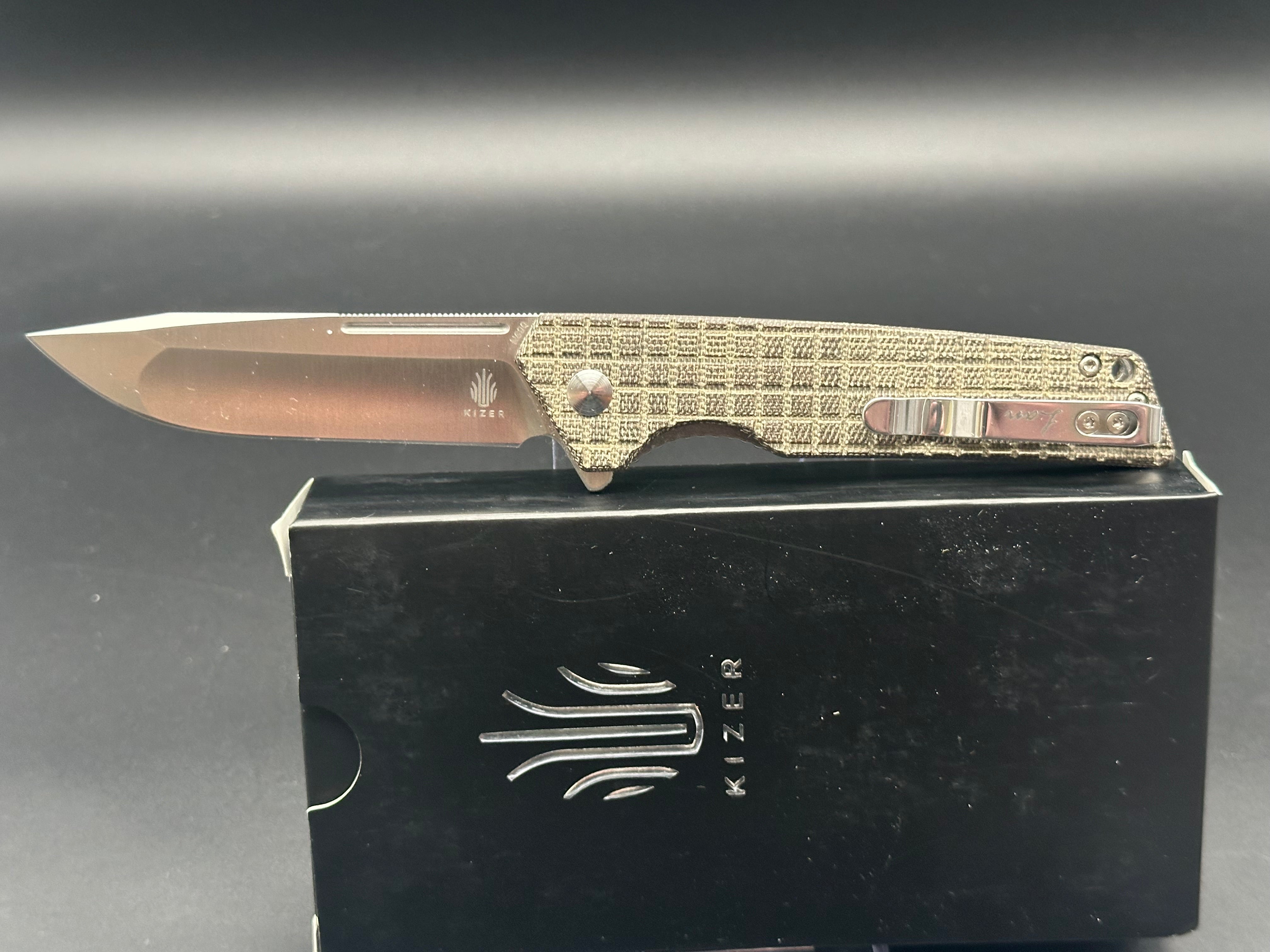 Kizer Lan Liner Lock (3.4" Satin N690 blade) Green Micarta frag-pattern scales
