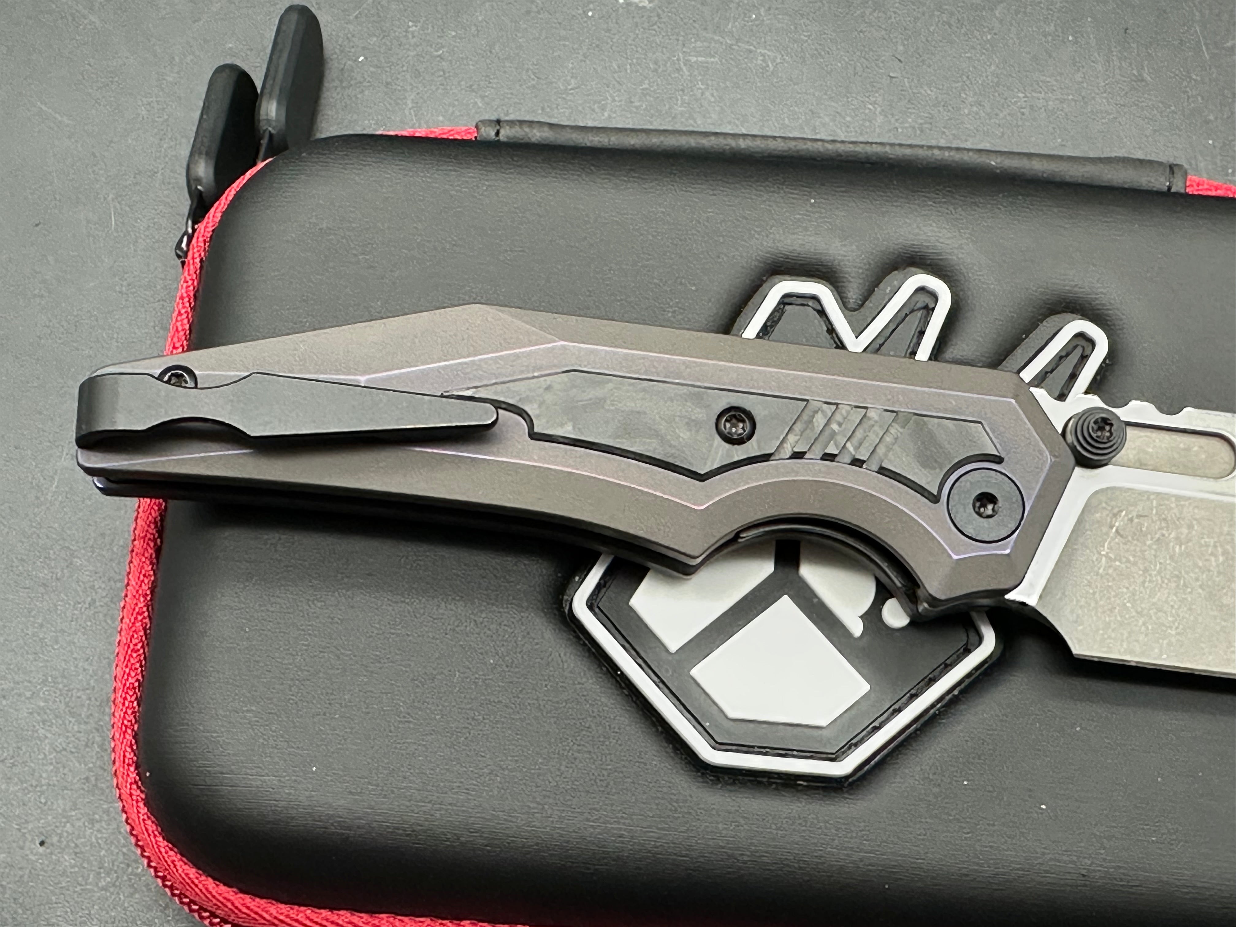 Arcane Design - The Preytheon/Custom Purple Ti Frame w/ Glow Carbon Fiber Inlays/Clip Point/Grey Stonewash + Custom Satin Flats 20CV