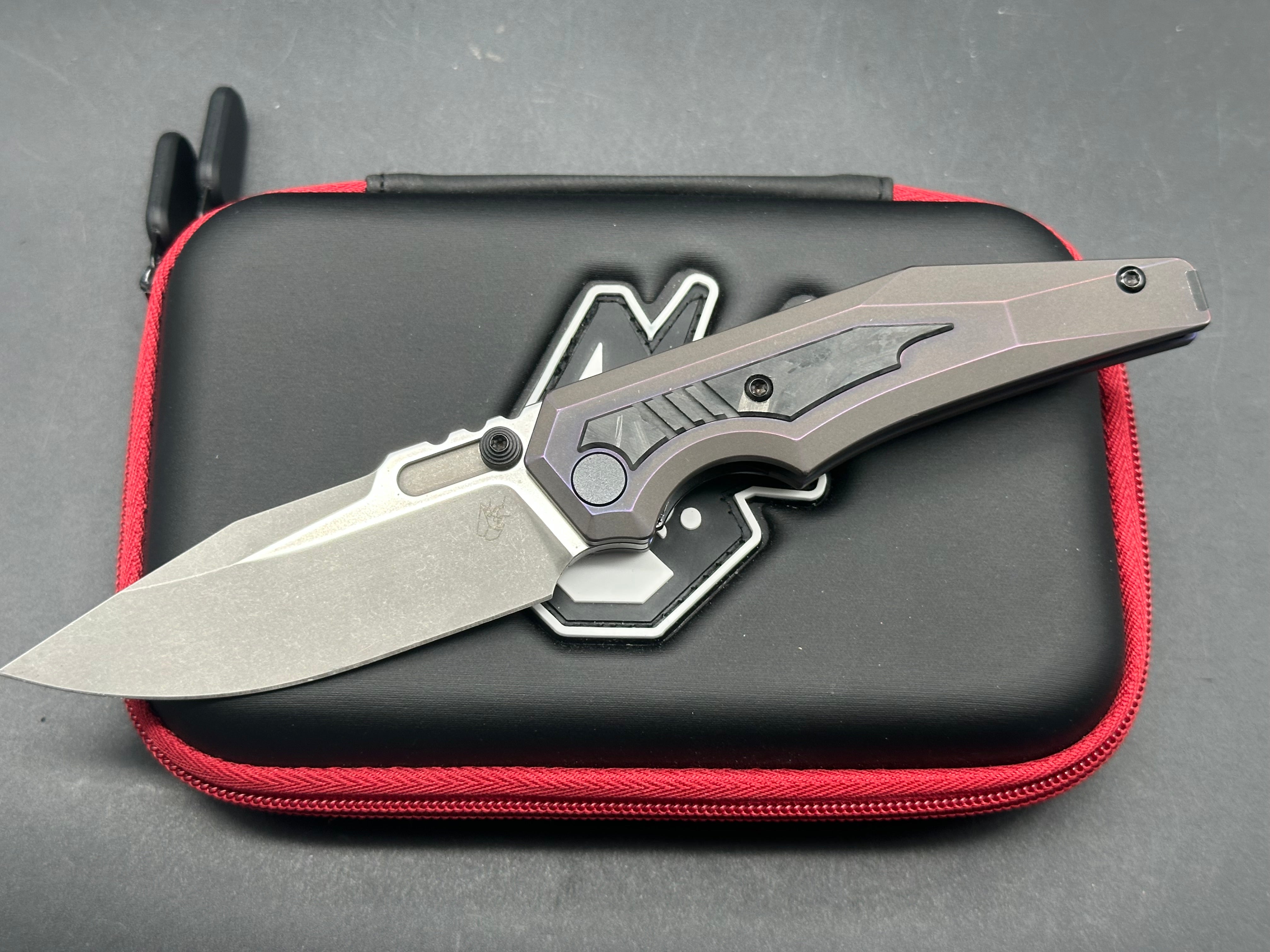 Arcane Design - The Preytheon/Custom Purple Ti Frame w/ Glow Carbon Fiber Inlays/Clip Point/Grey Stonewash + Custom Satin Flats 20CV