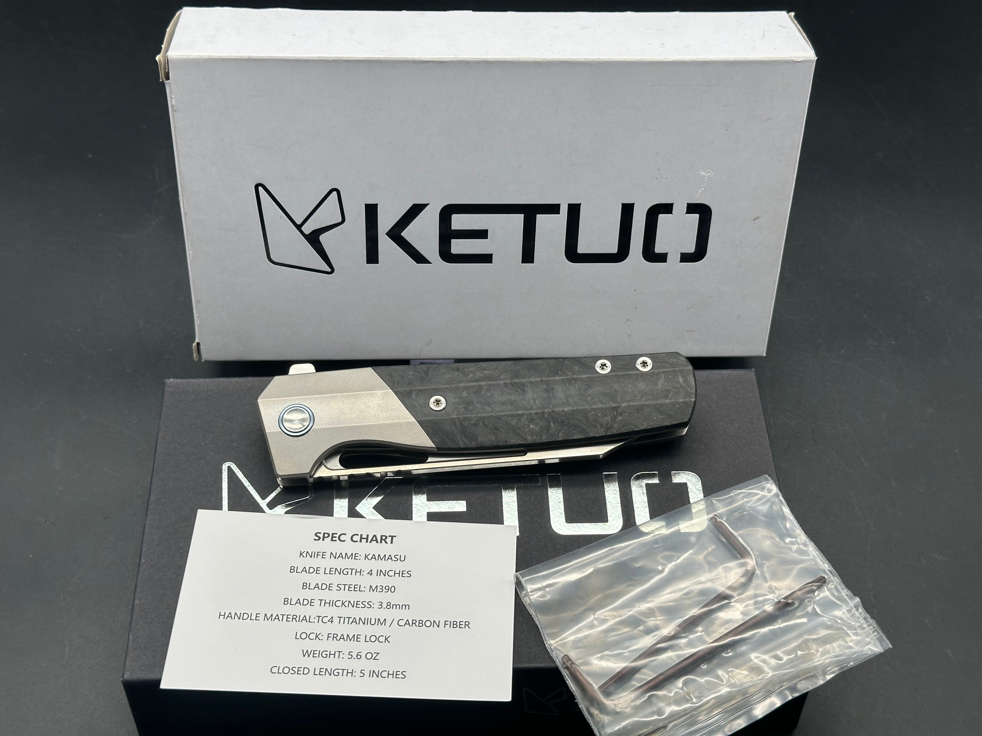 Ketuo Knife - Kamasu/Ti Liners Ti Bolster w/ Marble Carbon Inlays/Wharncliffe/Satin M390