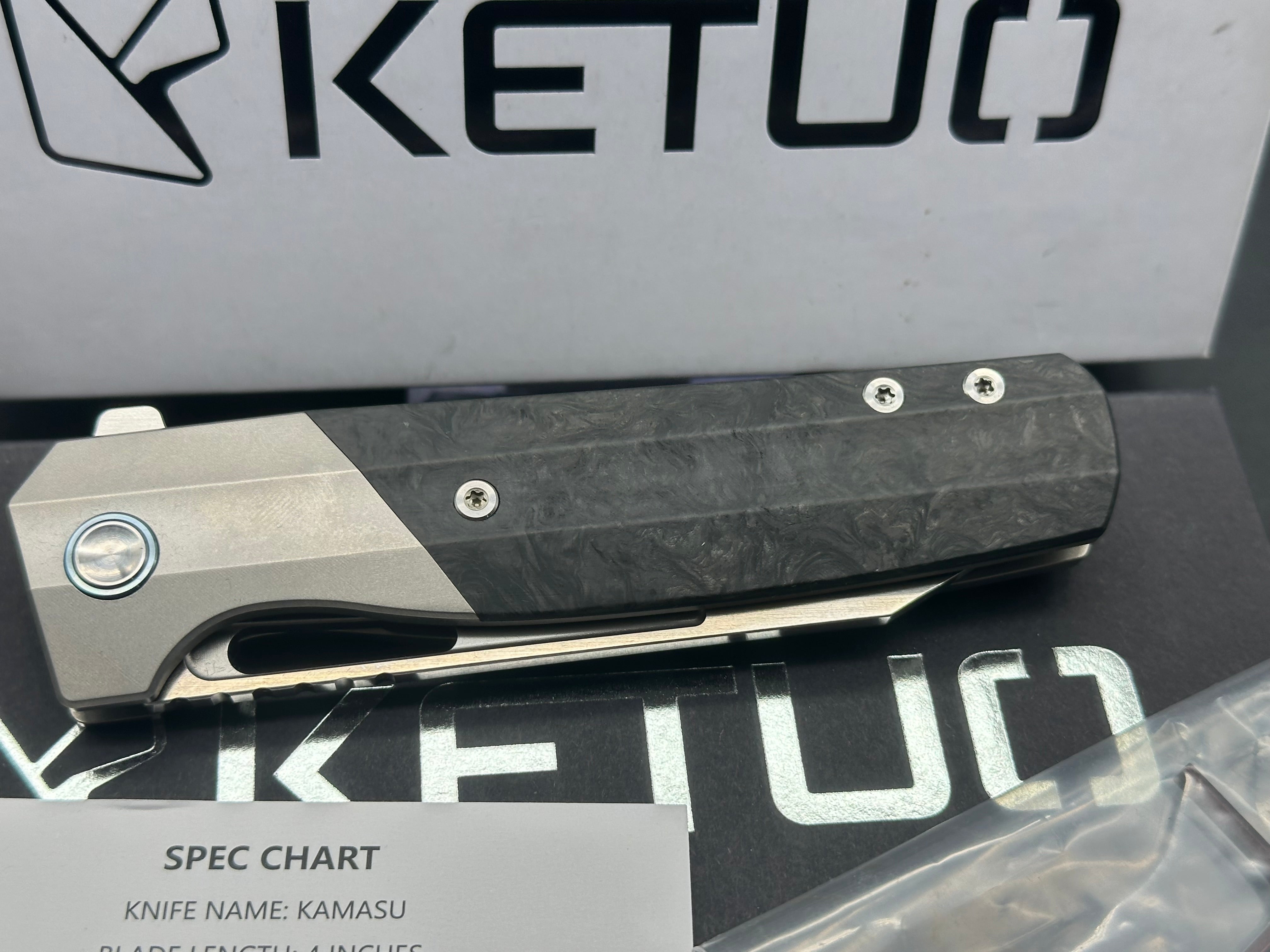Ketuo Knife - Kamasu/Ti Liners Ti Bolster w/ Marble Carbon Inlays/Wharncliffe/Satin M390