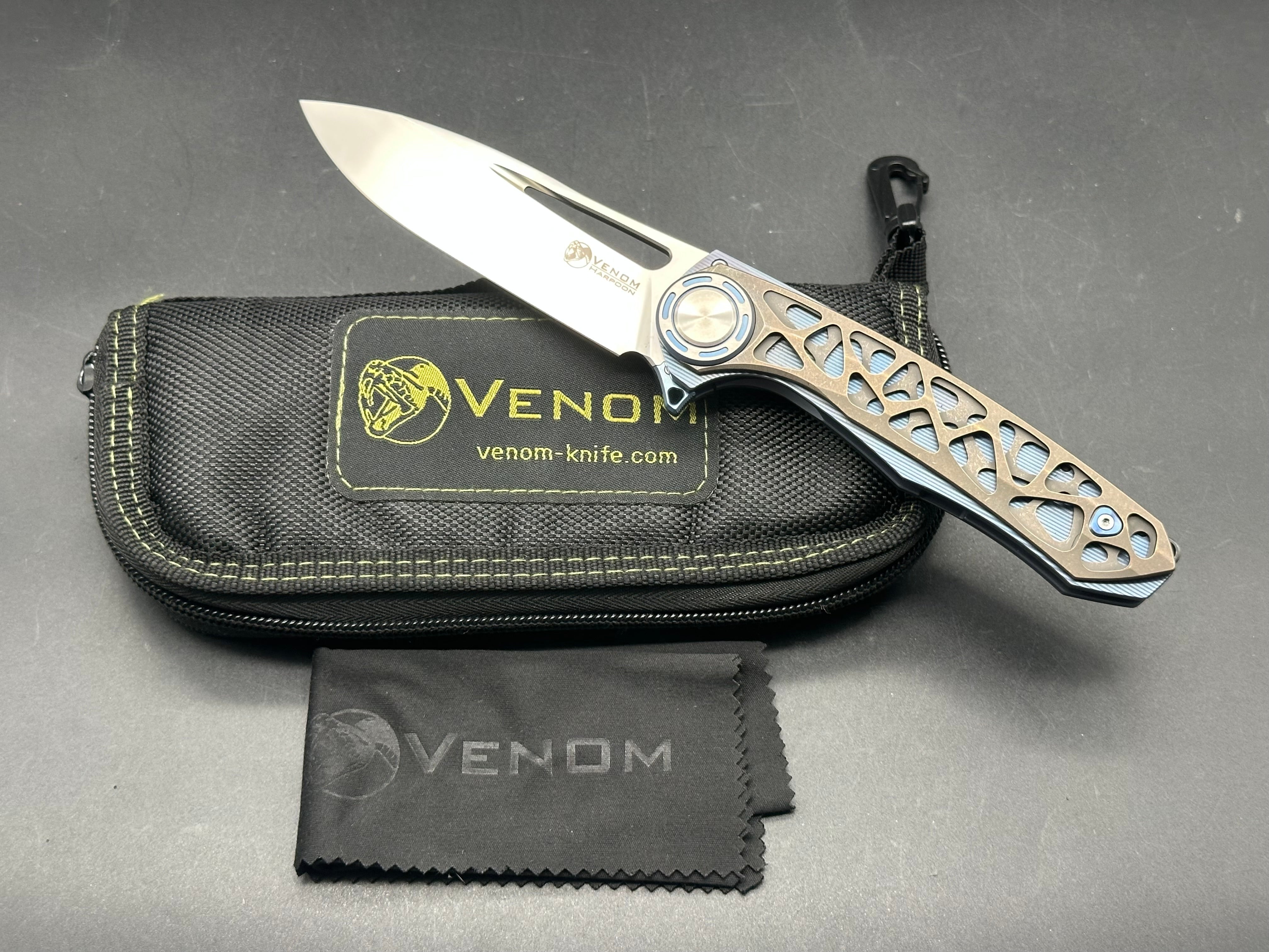 Venom + Kevin John - Harpoon/Blue Milled Ti Handle + Bronze Organic Design Ti Overlays/Drop Point/Satin Bohler M390