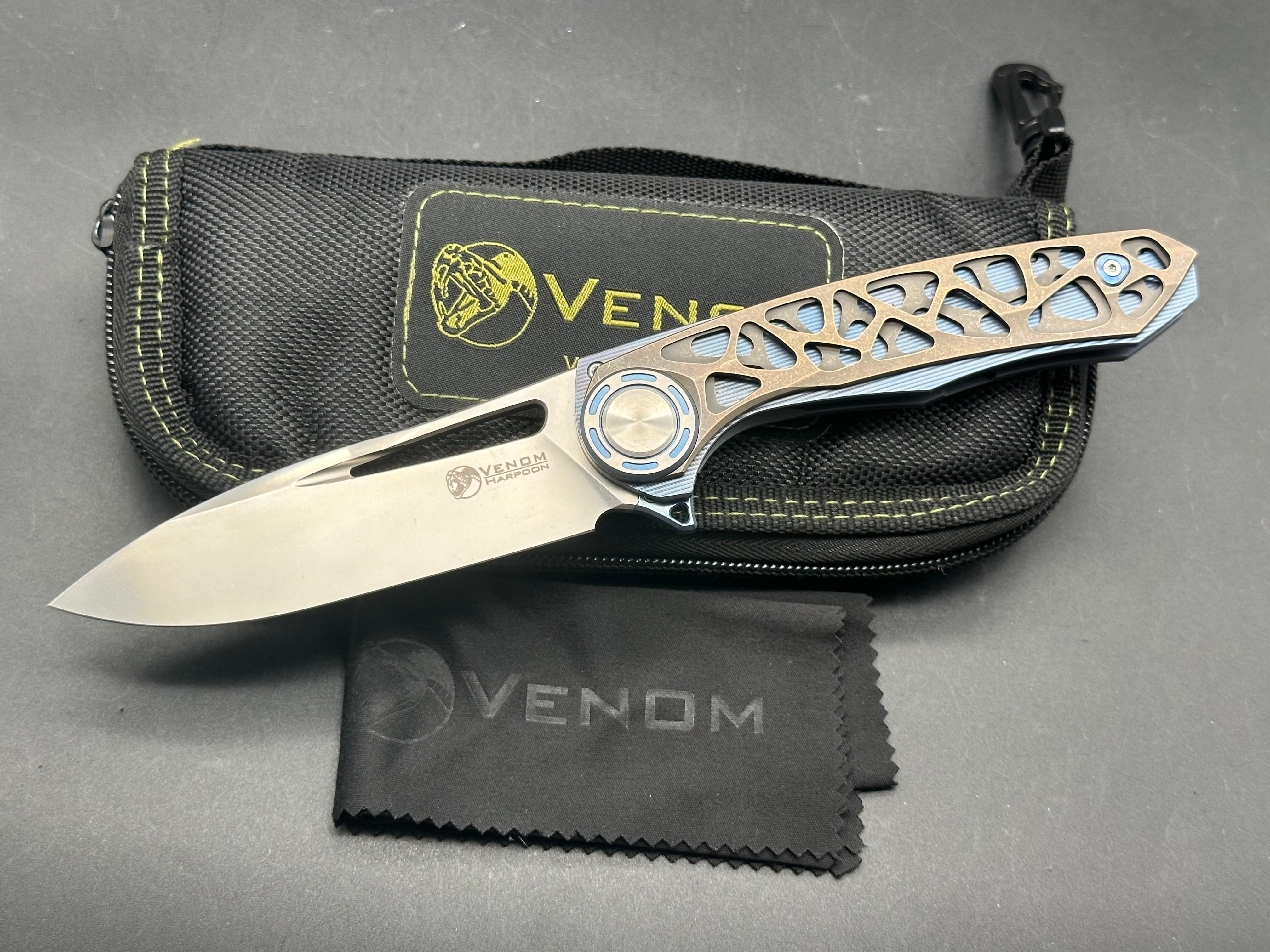 Venom + Kevin John - Harpoon/Blue Milled Ti Handle + Bronze Organic Design Ti Overlays/Drop Point/Satin Bohler M390