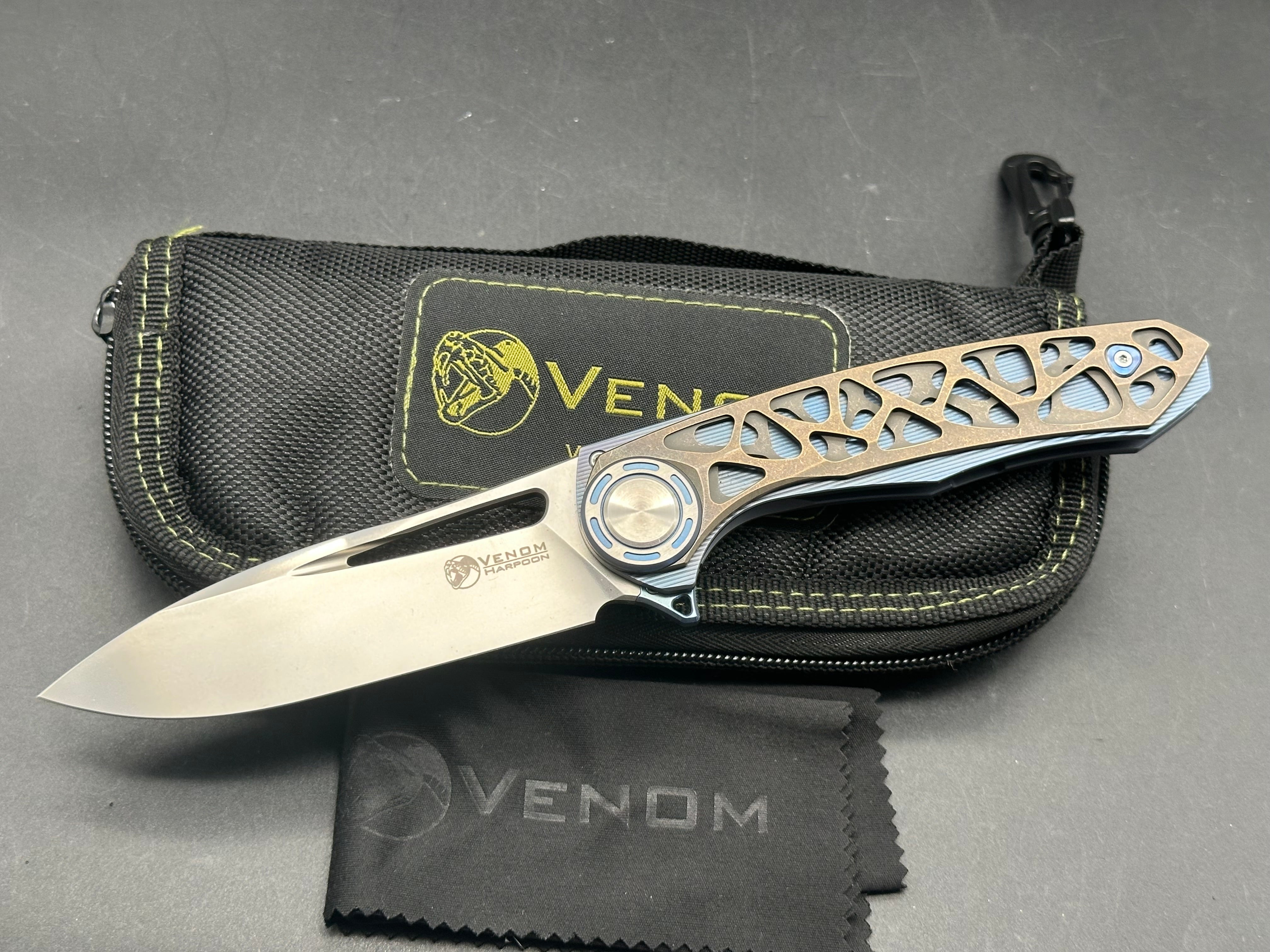 Venom + Kevin John - Harpoon/Blue Milled Ti Handle + Bronze Organic Design Ti Overlays/Drop Point/Satin Bohler M390
