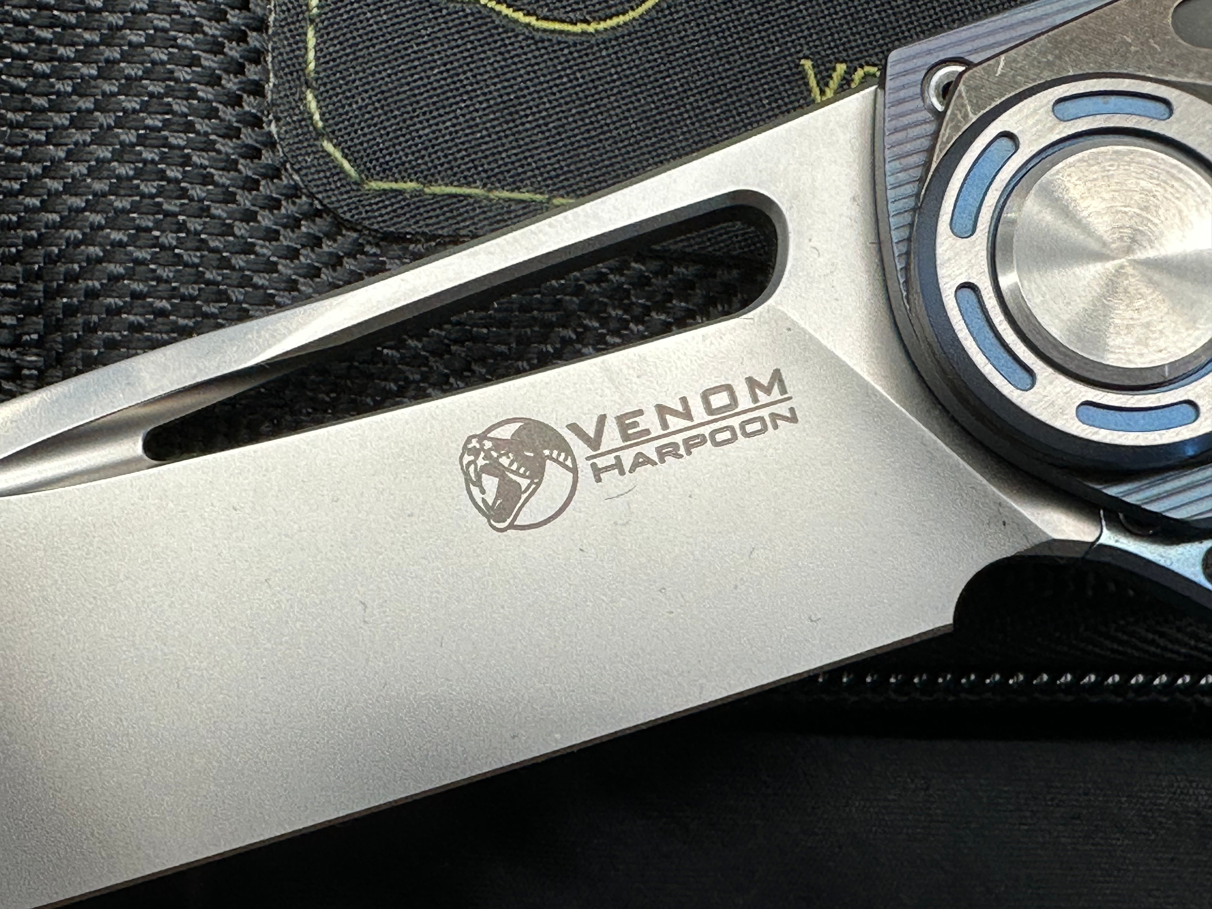 Venom + Kevin John - Harpoon/Blue Milled Ti Handle + Bronze Organic Design Ti Overlays/Drop Point/Satin Bohler M390