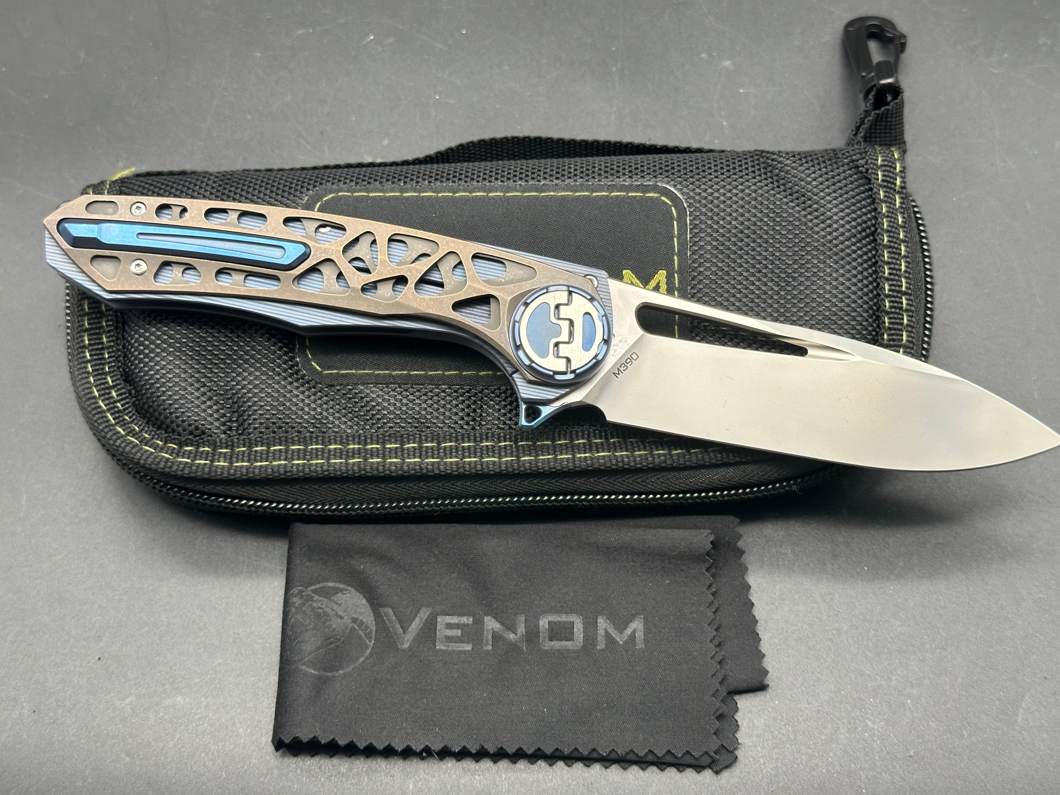Venom + Kevin John - Harpoon/Blue Milled Ti Handle + Bronze Organic Design Ti Overlays/Drop Point/Satin Bohler M390