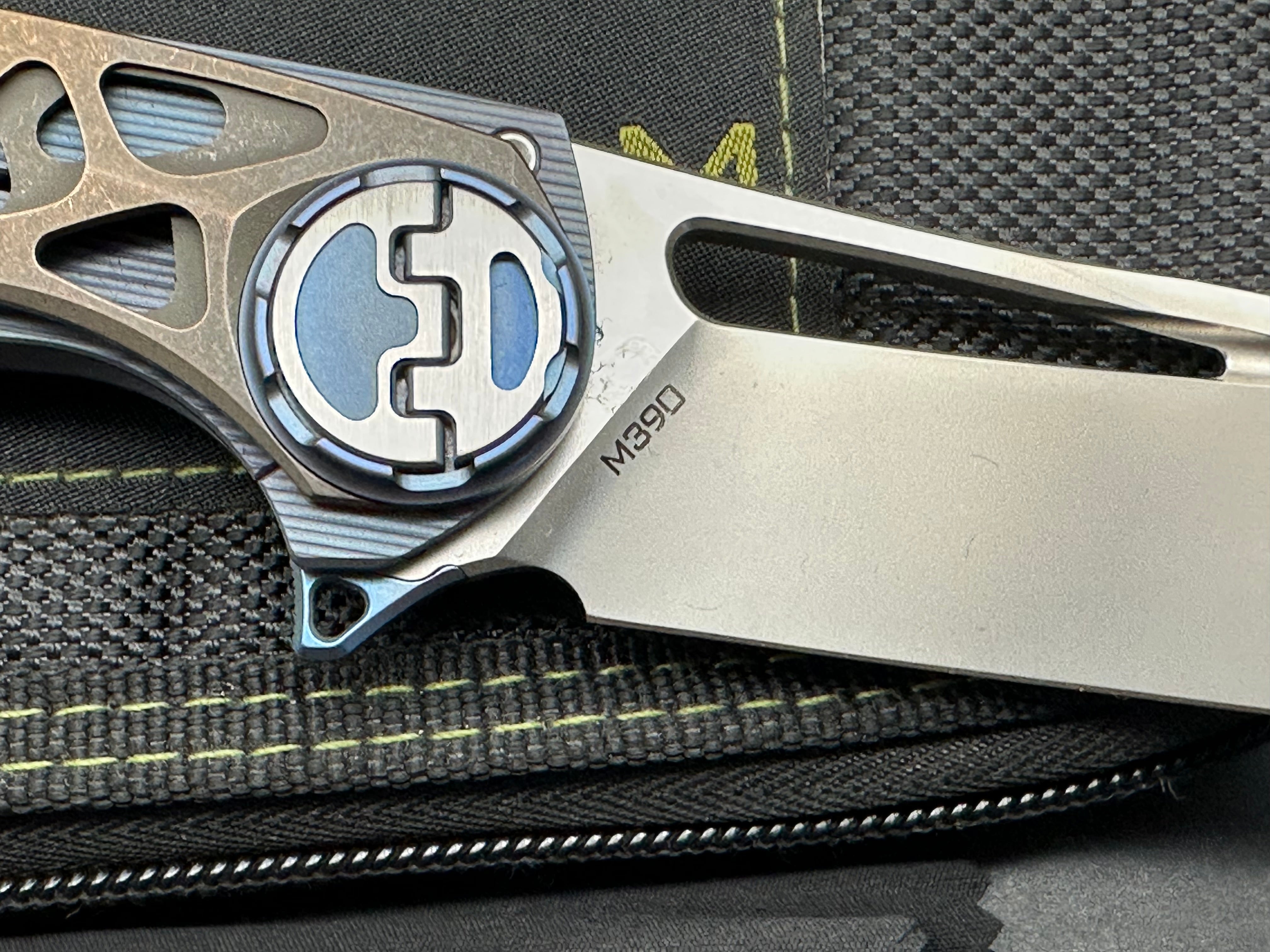 Venom + Kevin John - Harpoon/Blue Milled Ti Handle + Bronze Organic Design Ti Overlays/Drop Point/Satin Bohler M390
