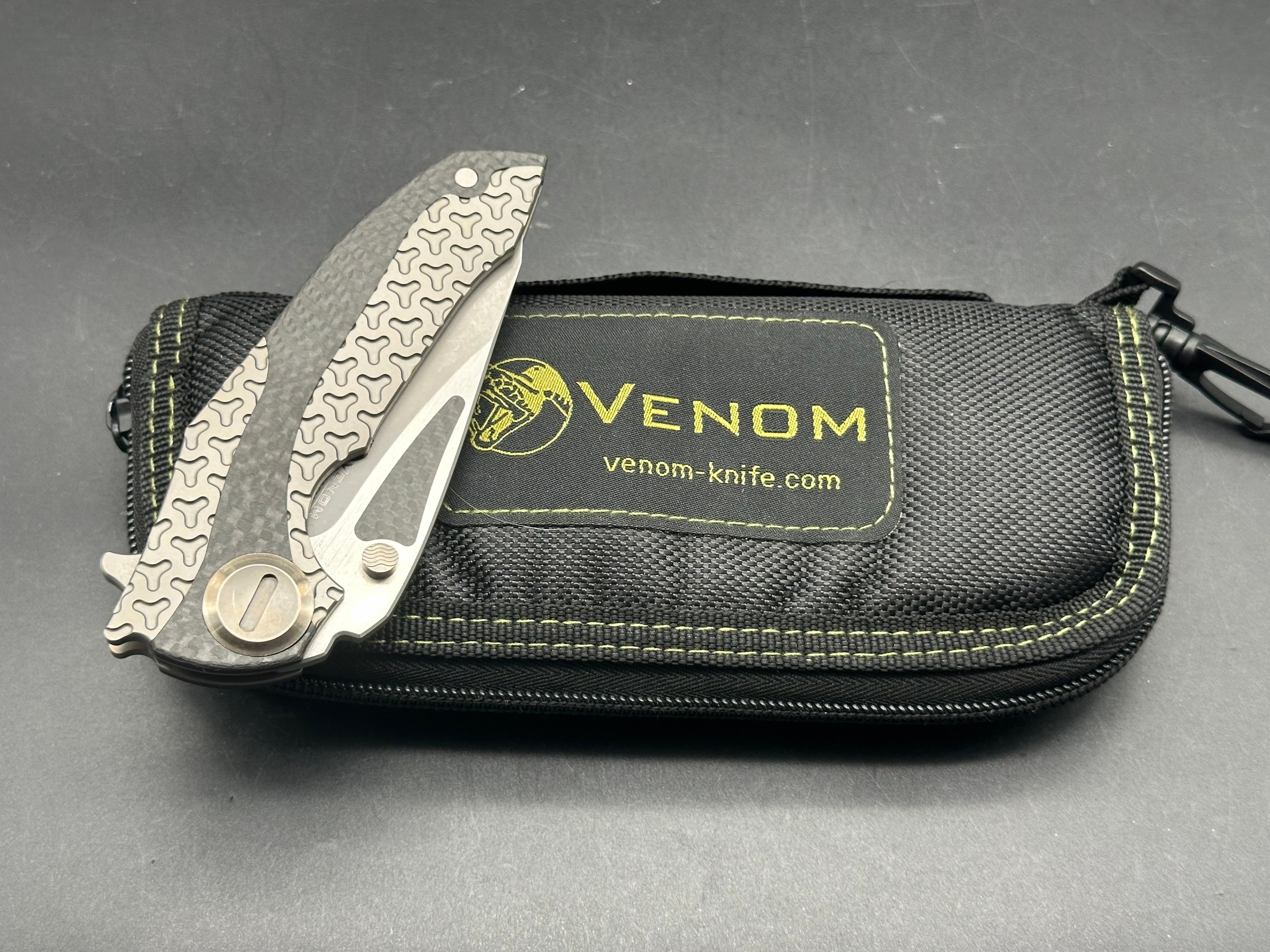 Venom + Kevin John - Armour/Grey Milled Ti Handle + Carbon Fiber Inlays & Gold Hardware/Drop Point/Satin Bohler M390