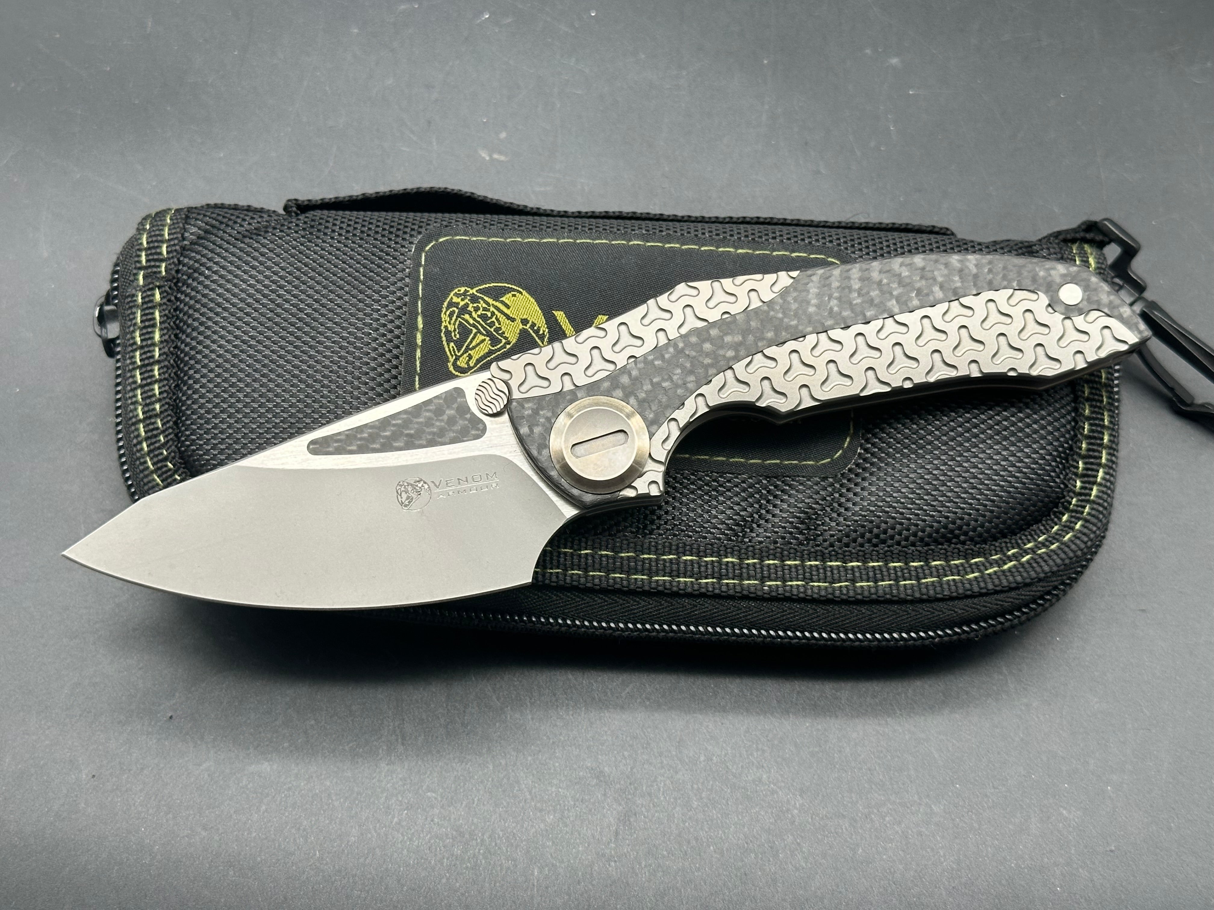 Venom + Kevin John - Armour/Grey Milled Ti Handle + Carbon Fiber Inlays & Gold Hardware/Drop Point/Satin Bohler M390