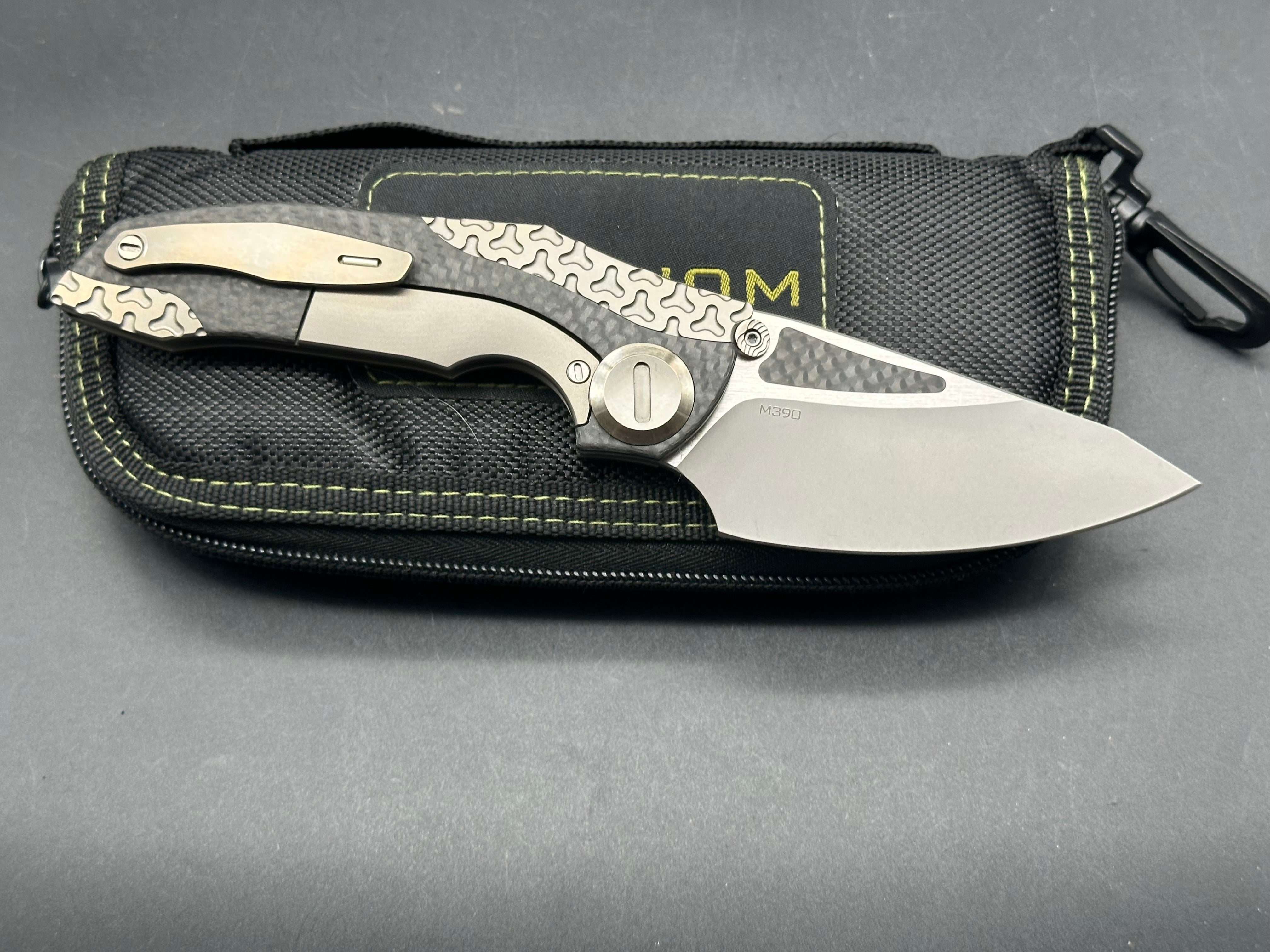 Venom + Kevin John - Armour/Grey Milled Ti Handle + Carbon Fiber Inlays & Gold Hardware/Drop Point/Satin Bohler M390