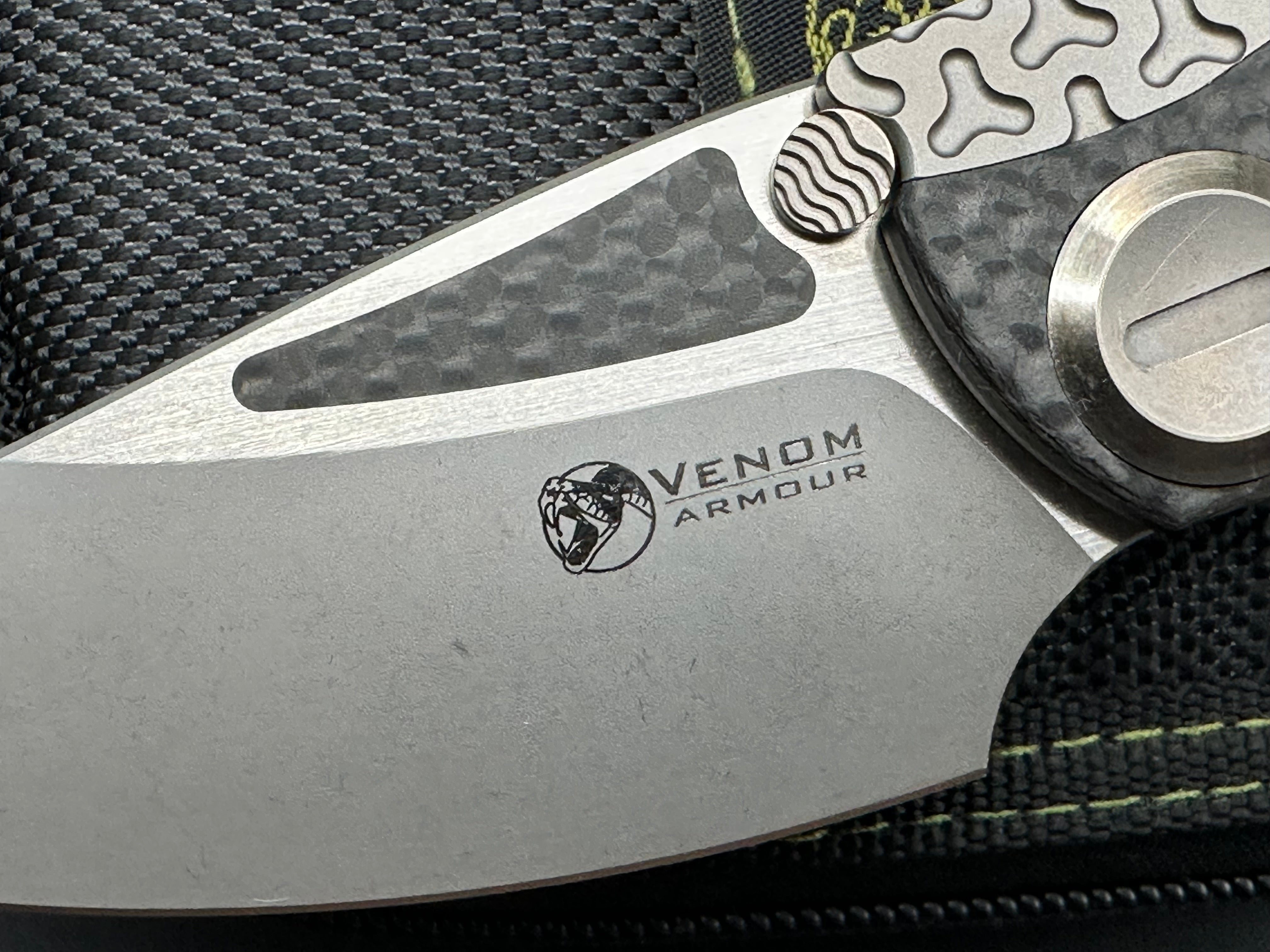 Venom + Kevin John - Armour/Grey Milled Ti Handle + Carbon Fiber Inlays & Gold Hardware/Drop Point/Satin Bohler M390