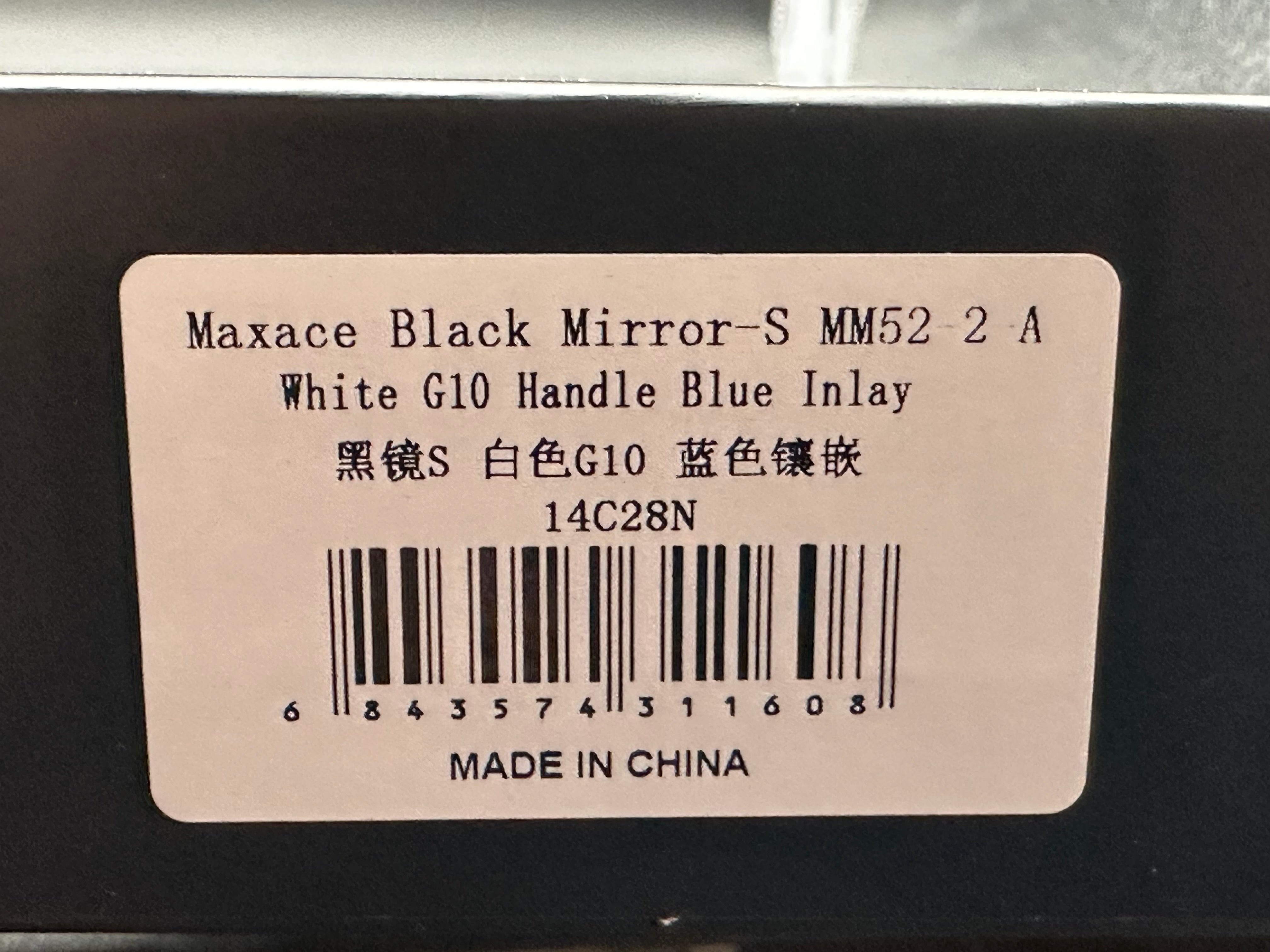 MAXACE BLACK MIRROR BLUE ALUMINUM INLAY ON WHITE G10 14C28N BLADE