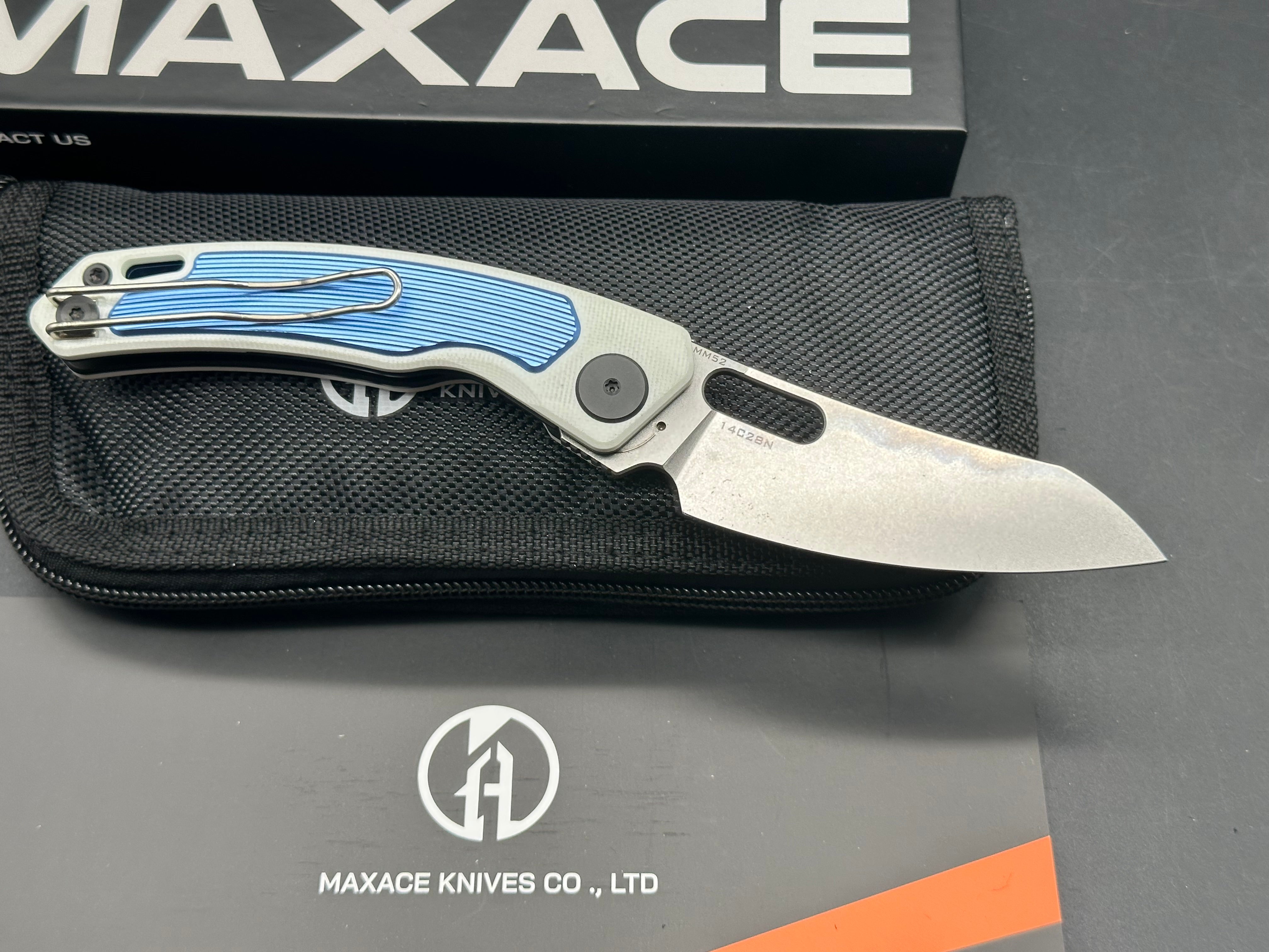 MAXACE BLACK MIRROR BLUE ALUMINUM INLAY ON WHITE G10 14C28N BLADE