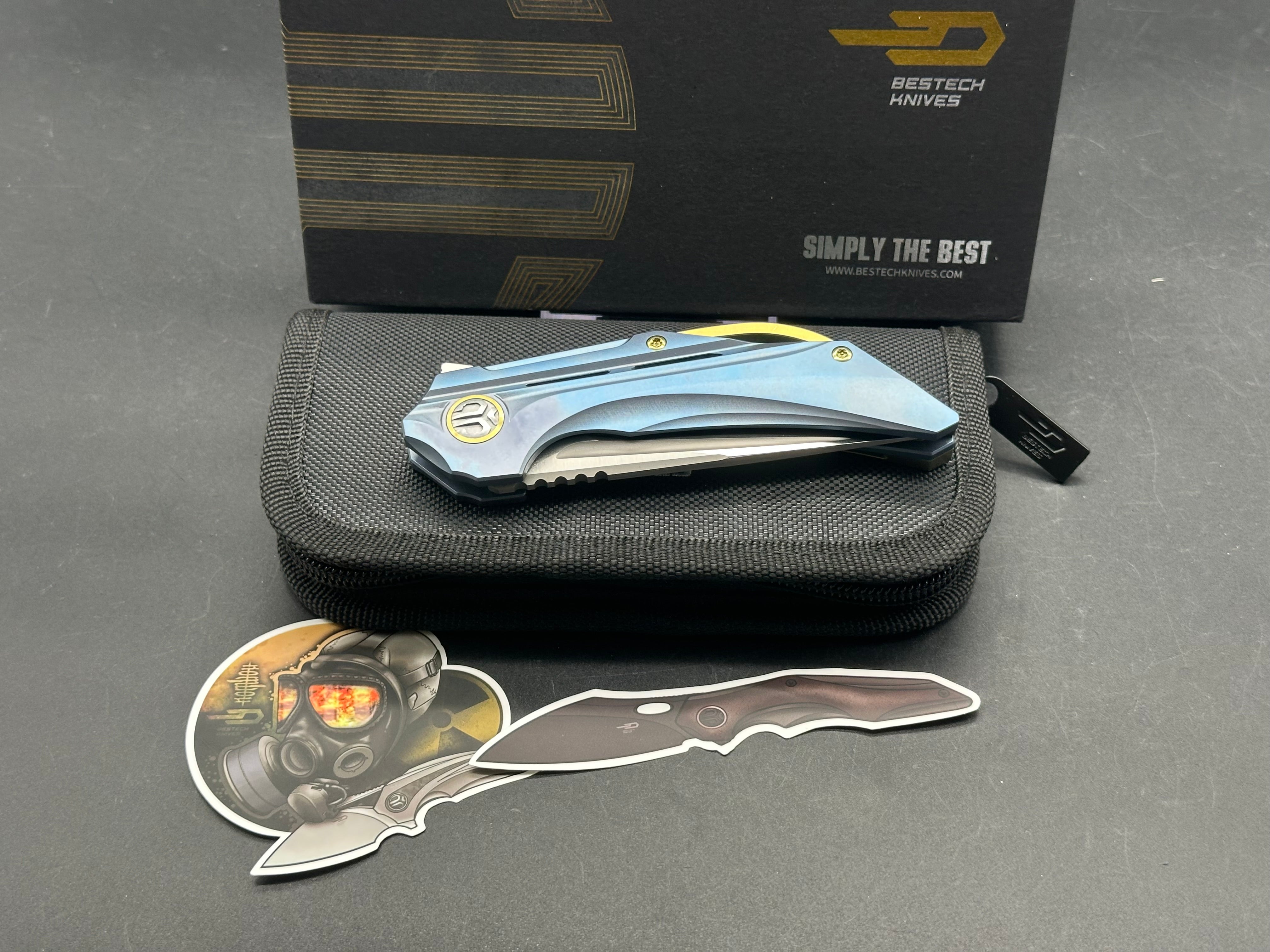 Bestech + Kombou - Vigil/Blue Titanium Handle + Gold Hardware/Drop Point/Satin Polished M390