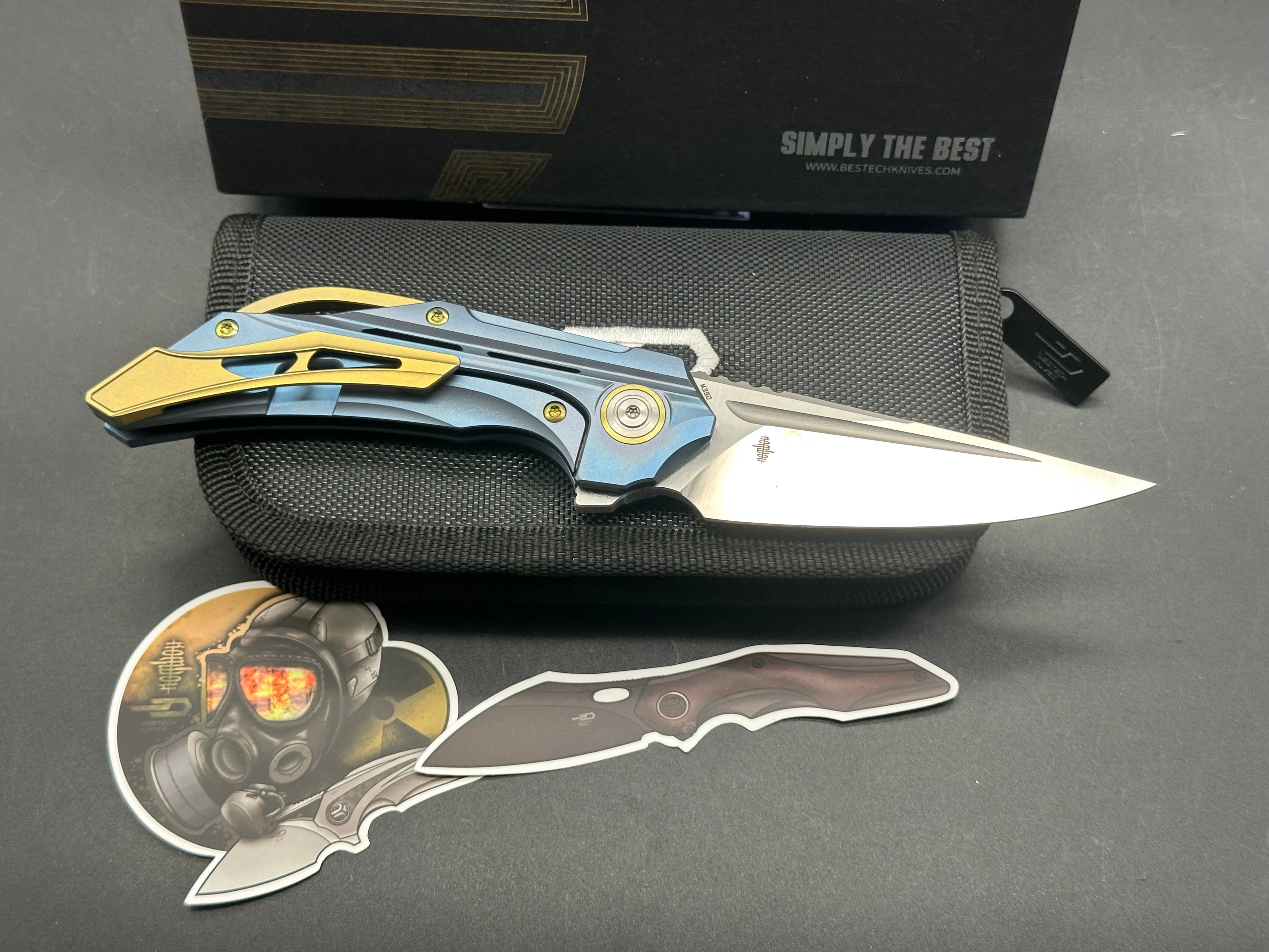Bestech + Kombou - Vigil/Blue Titanium Handle + Gold Hardware/Drop Point/Satin Polished M390