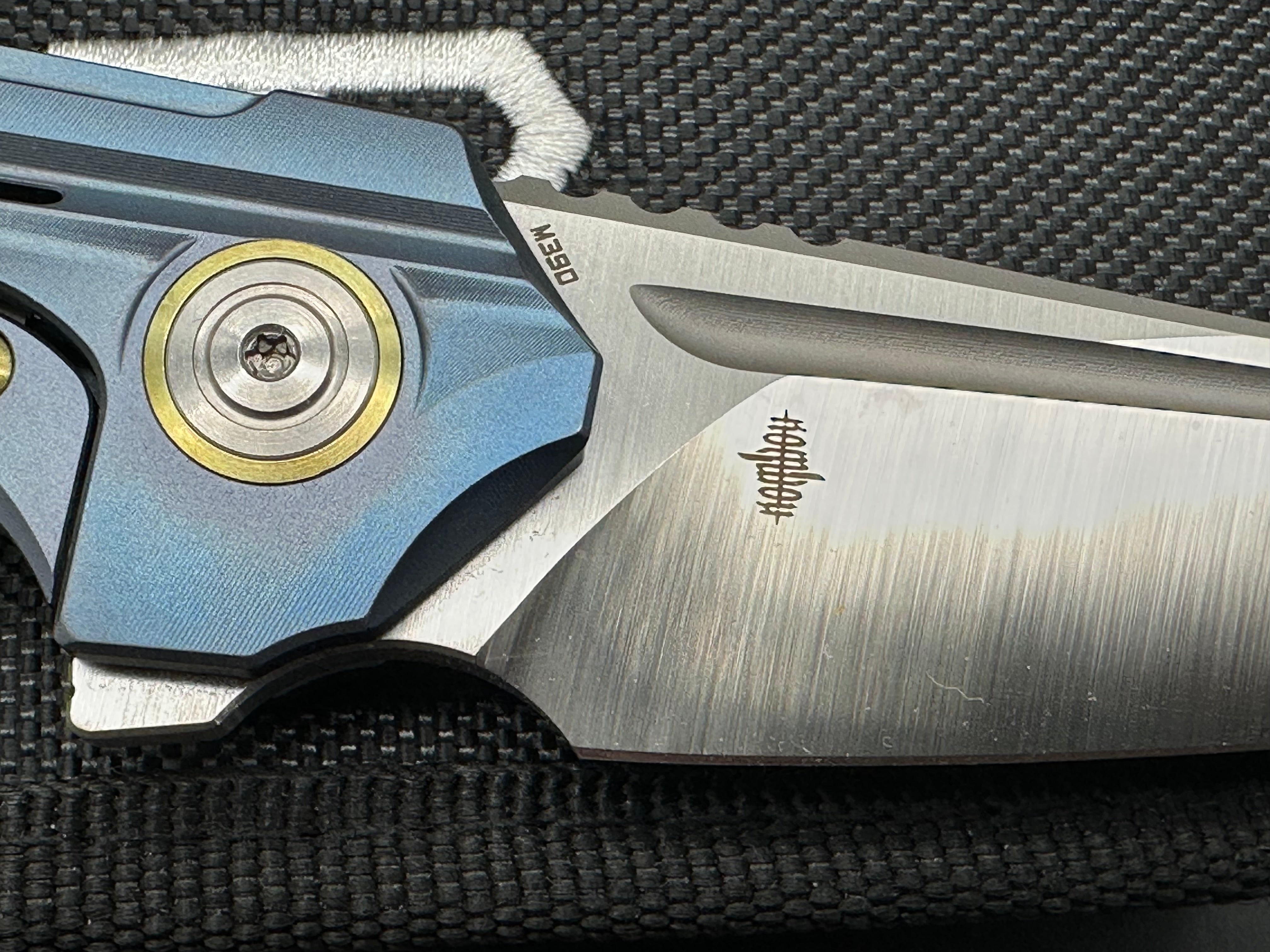 Bestech + Kombou - Vigil/Blue Titanium Handle + Gold Hardware/Drop Point/Satin Polished M390